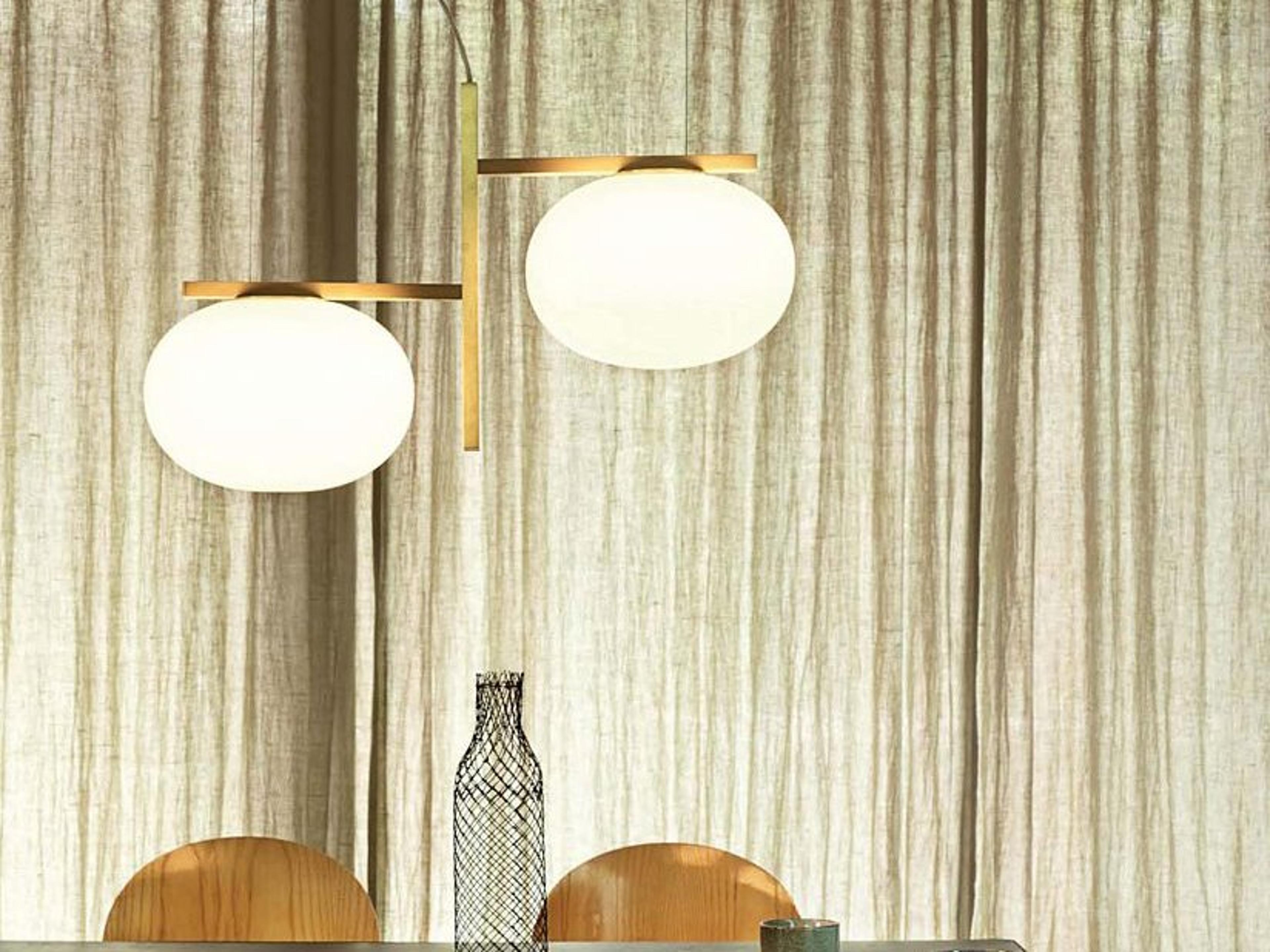 Oluce Alba 2-Light Satin Brass Polished Opaline White Glass Globe Linear Island Pendant