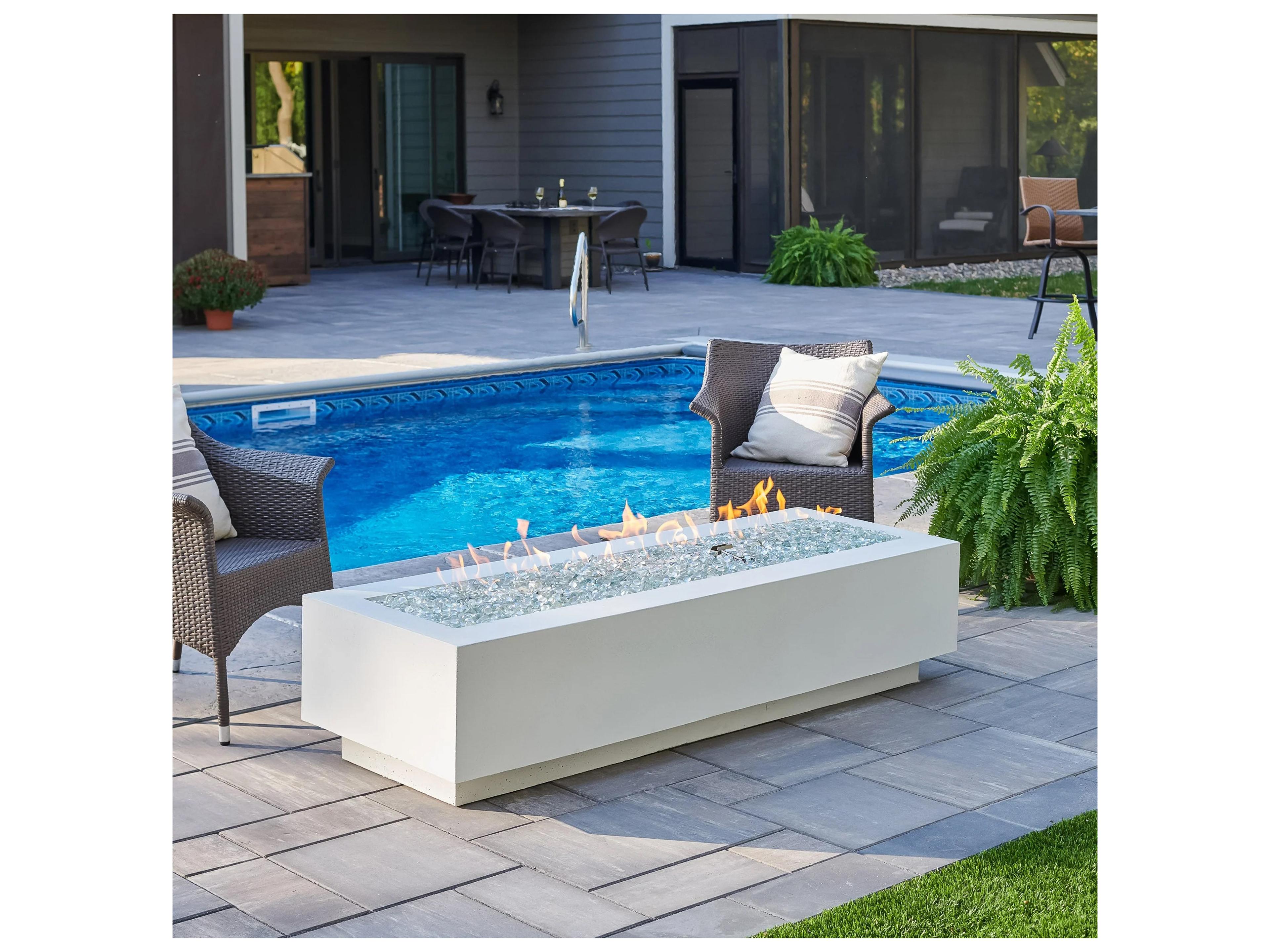 Outdoor Greatroom Cove Supercast Concrete White Rectangular Linear Gas Fire Pit Table with Direct Spark Ignition NG