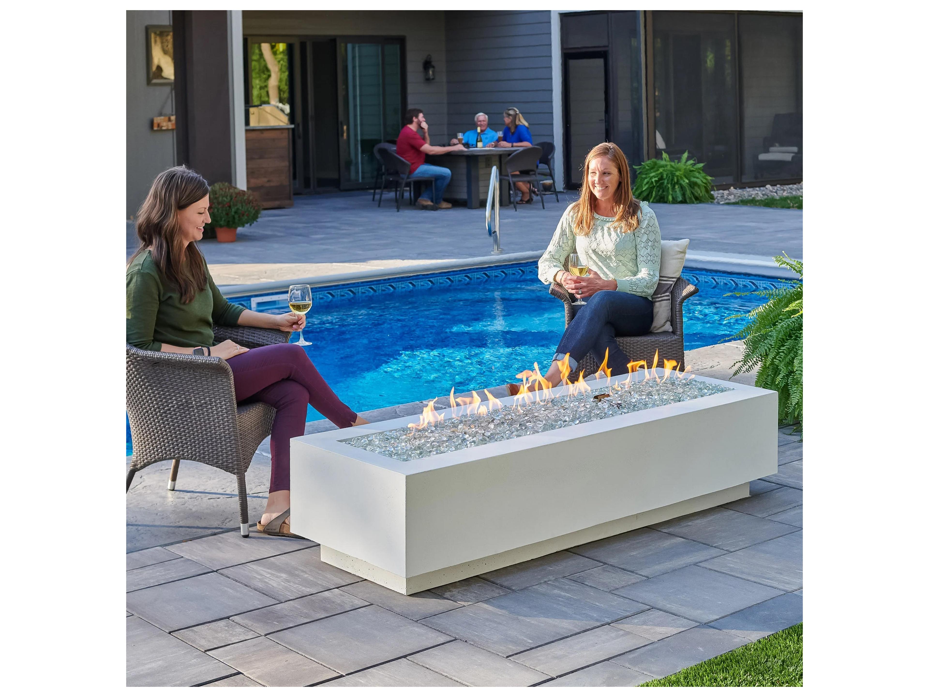 Outdoor Greatroom Cove Supercast Concrete White Rectangular Linear Gas Fire Pit Table with Direct Spark Ignition NG