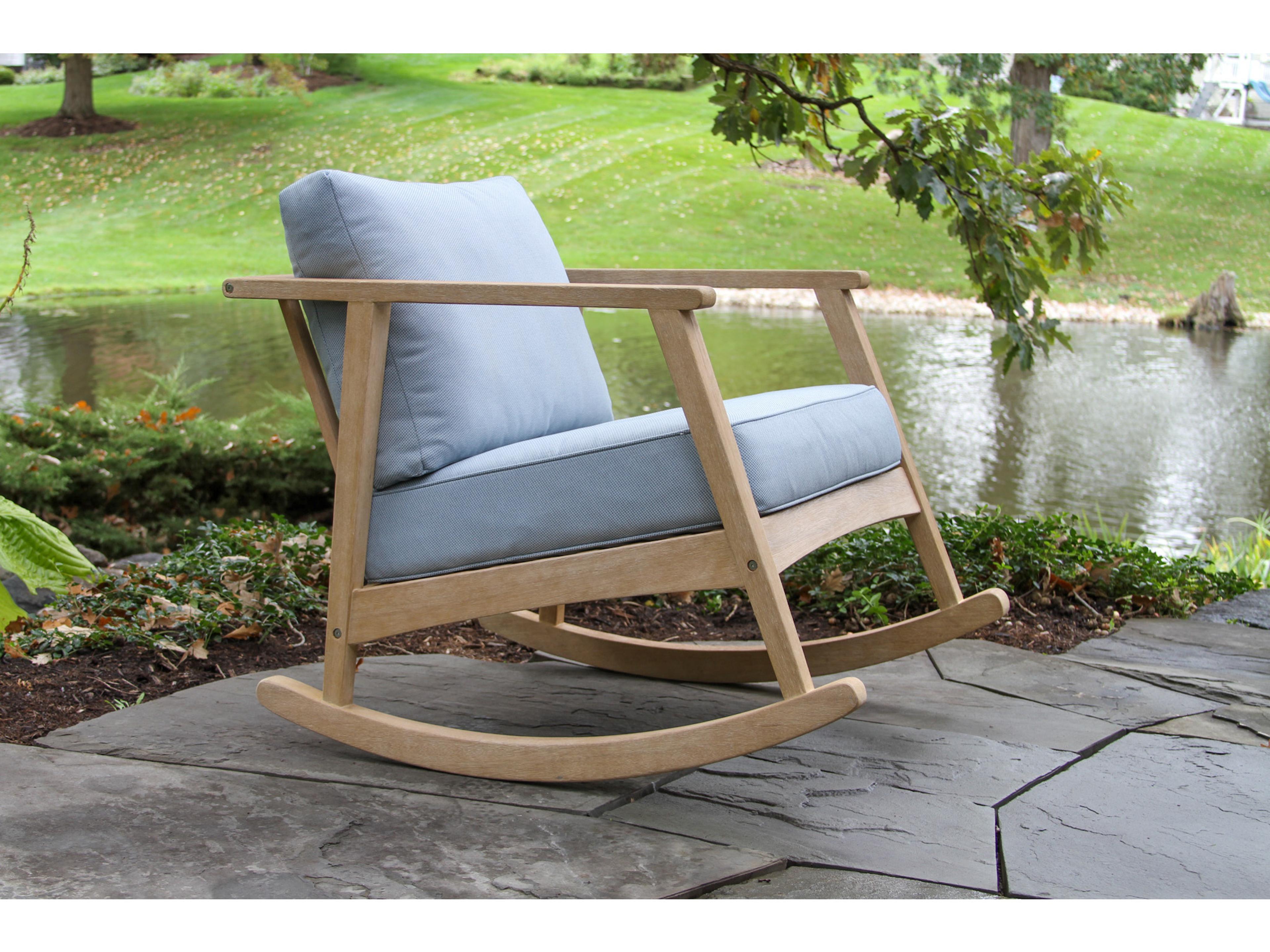 Outdoor Interiors Antique Wash Eucalyptus Rocking Chair w Blue Cushions