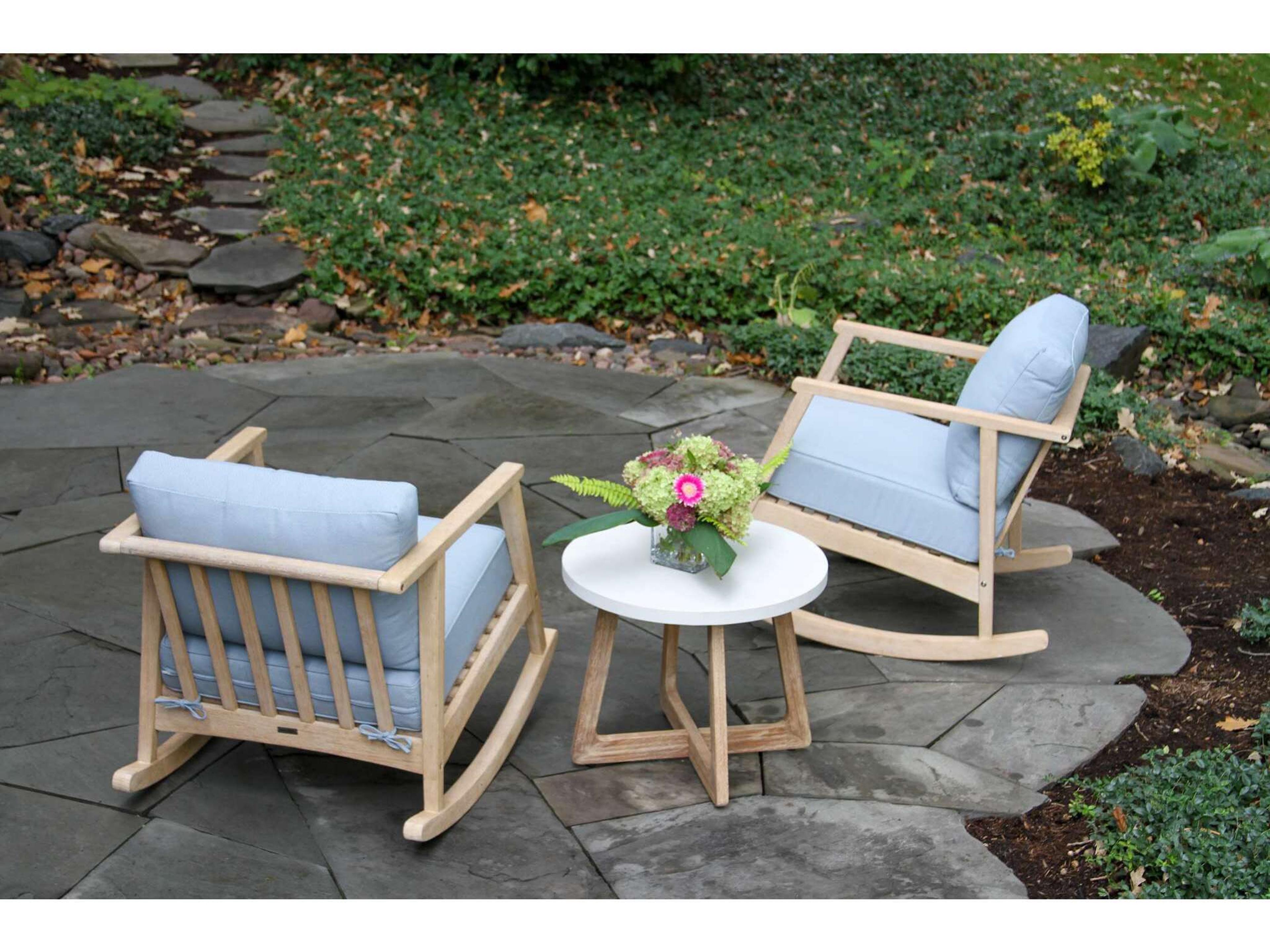 Outdoor Interiors Antique Wash Eucalyptus Rocking Chair w Blue Cushions