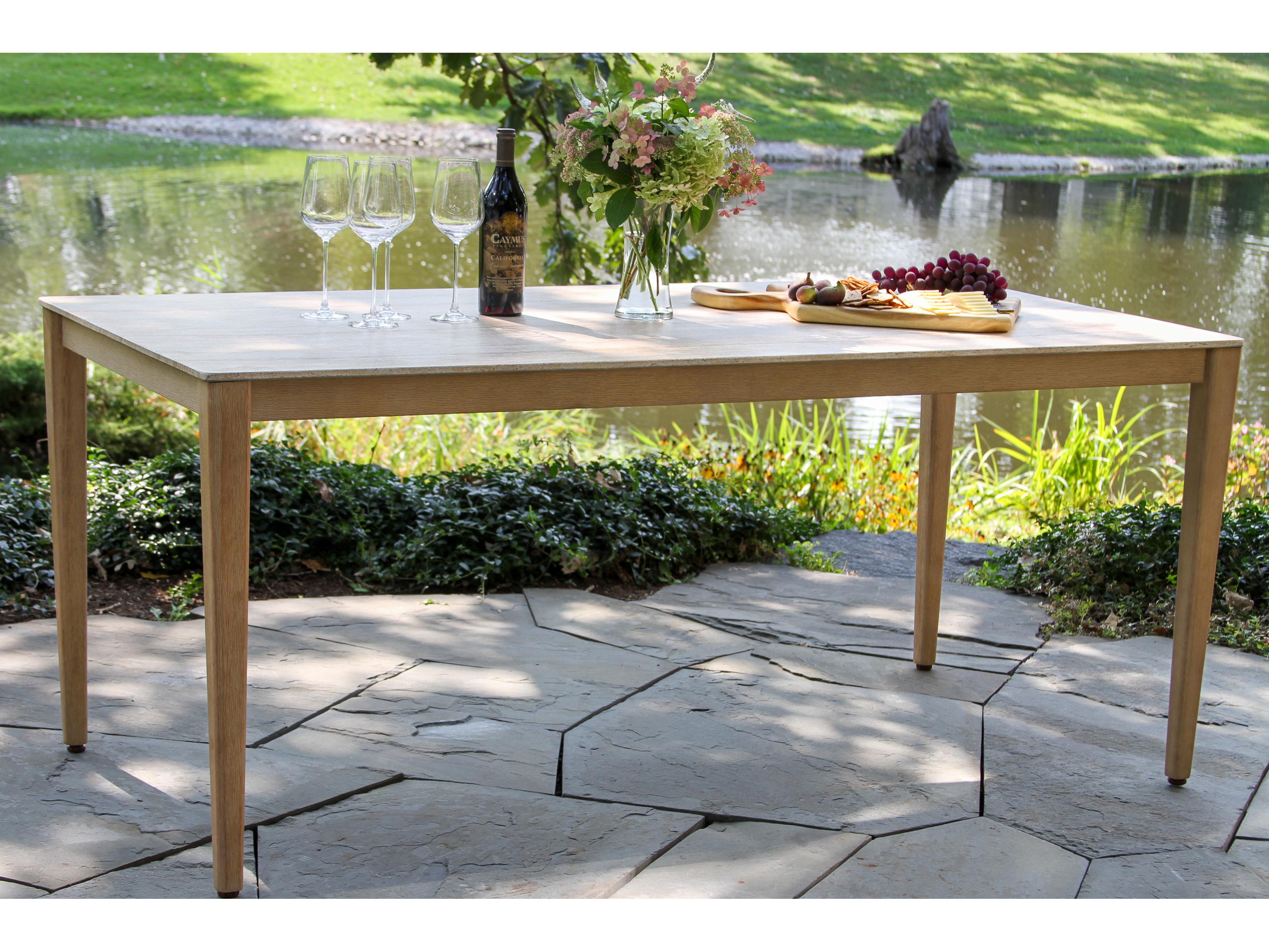 Outdoor Interiors Antique Wash Eucalyptus & Travertine Composite Dining Table, 72" x 36"