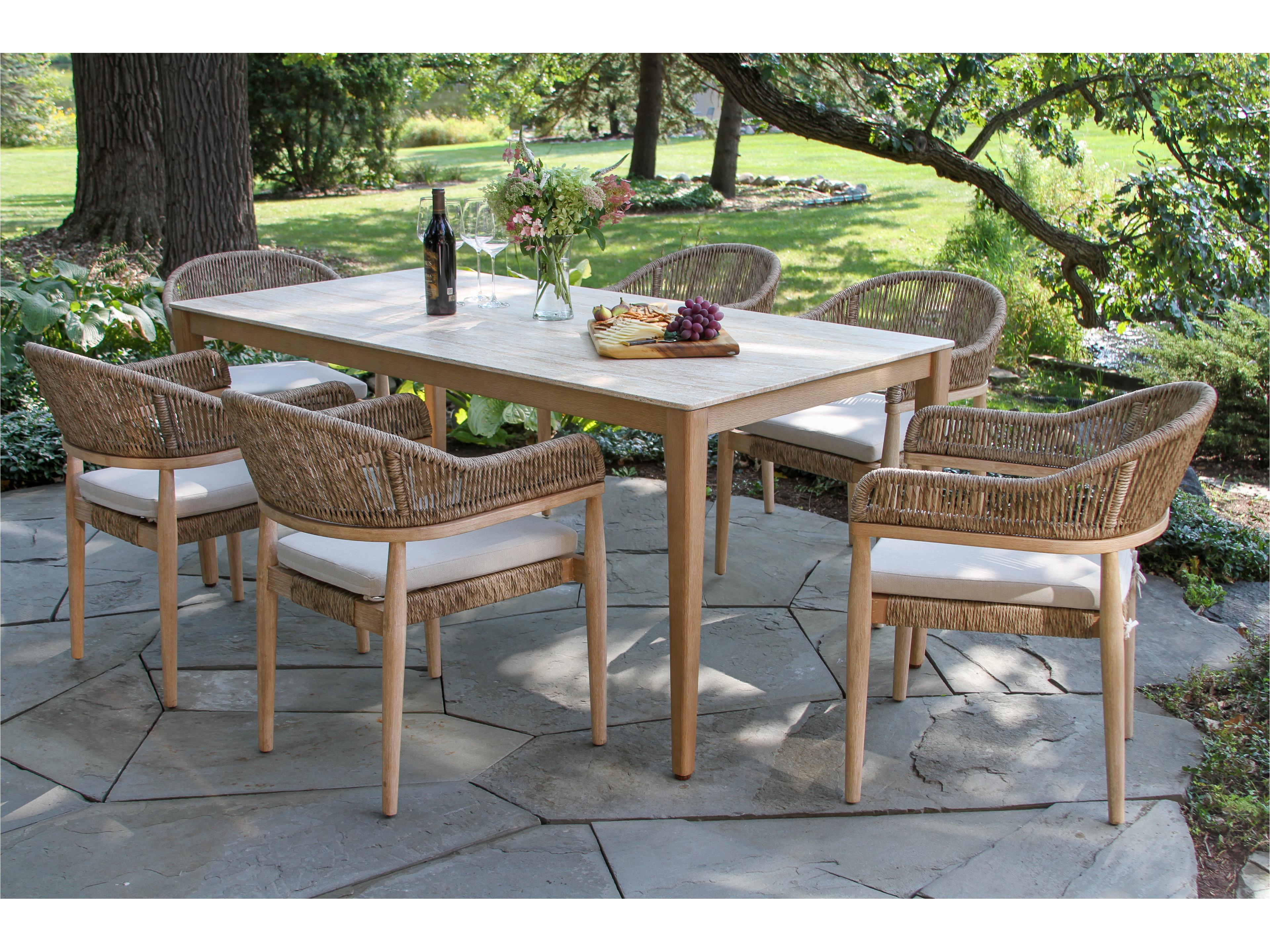 Outdoor Interiors Antique Wash Eucalyptus & Travertine Composite Dining Table, 72" x 36"