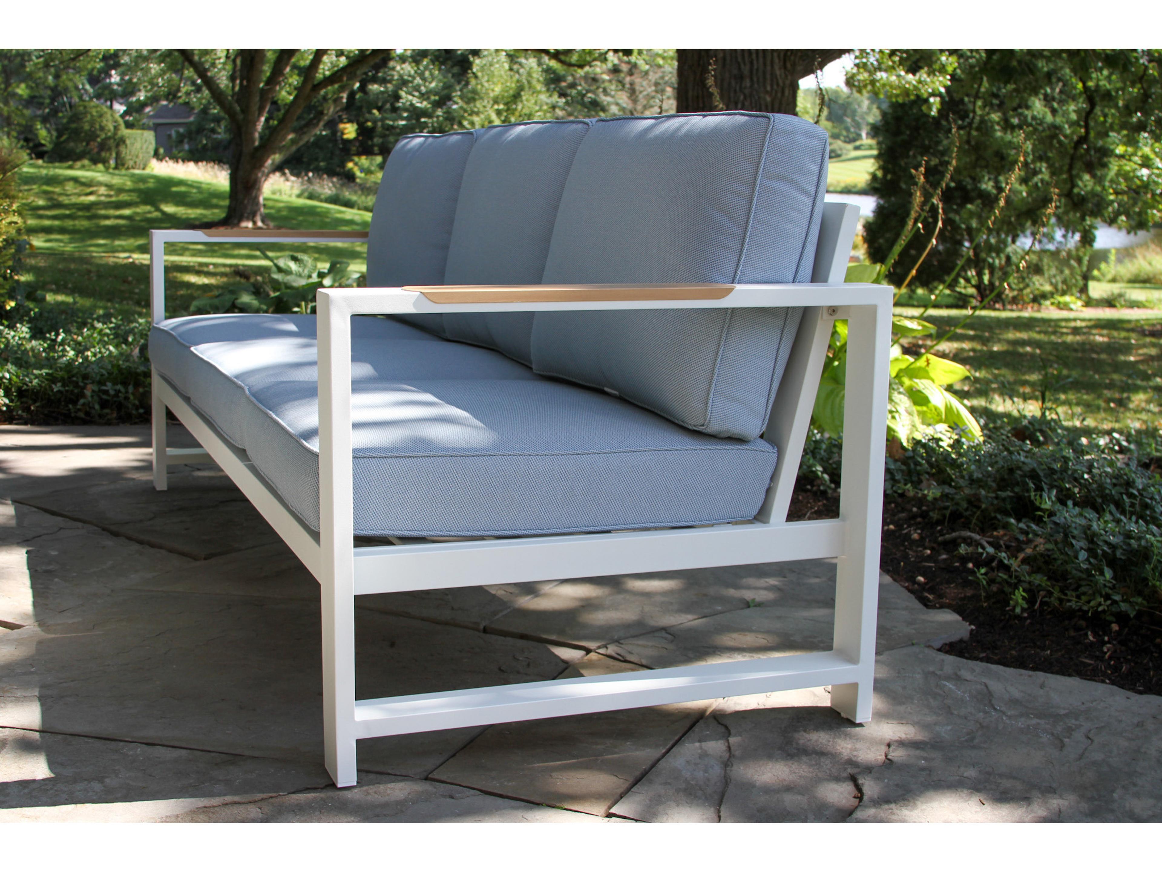 Outdoor Interiors Sienna White Aluminum Sofa w Blue Cushions