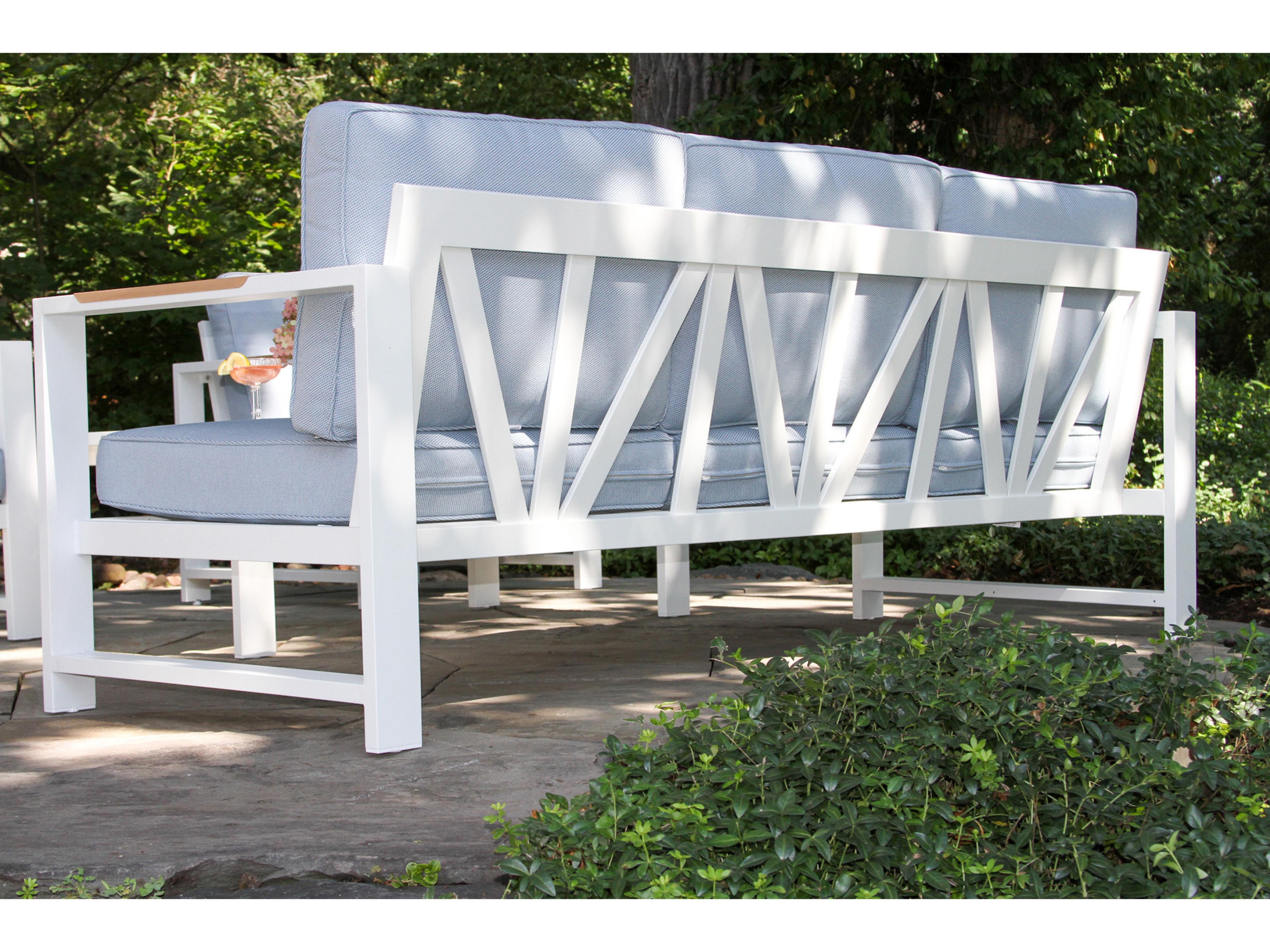 Outdoor Interiors Sienna White Aluminum Sofa w Blue Cushions