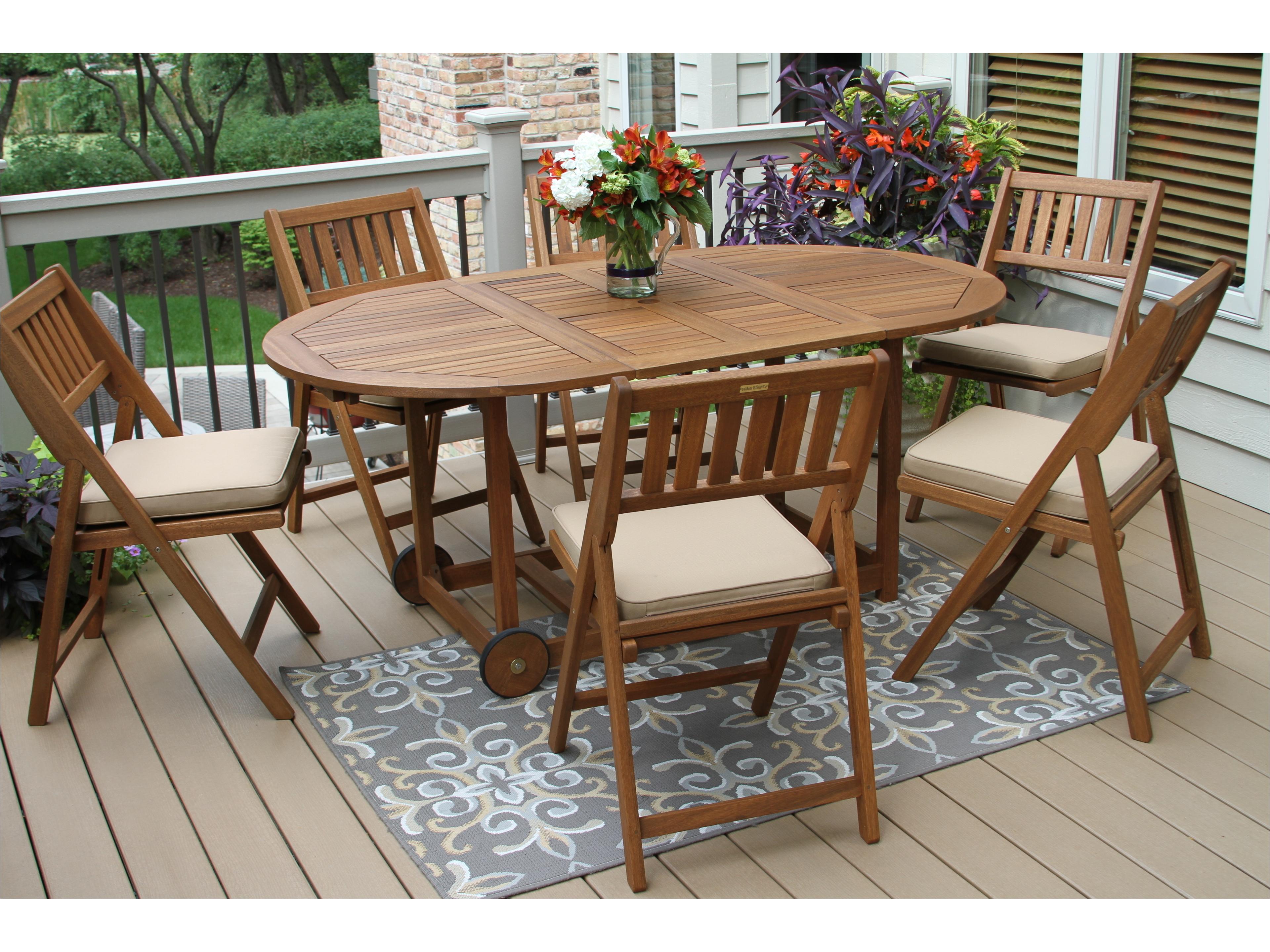 Outdoor Interiors Eucalyptus 7pc Fold & Store Dining Set w Beige Cushions & Cover