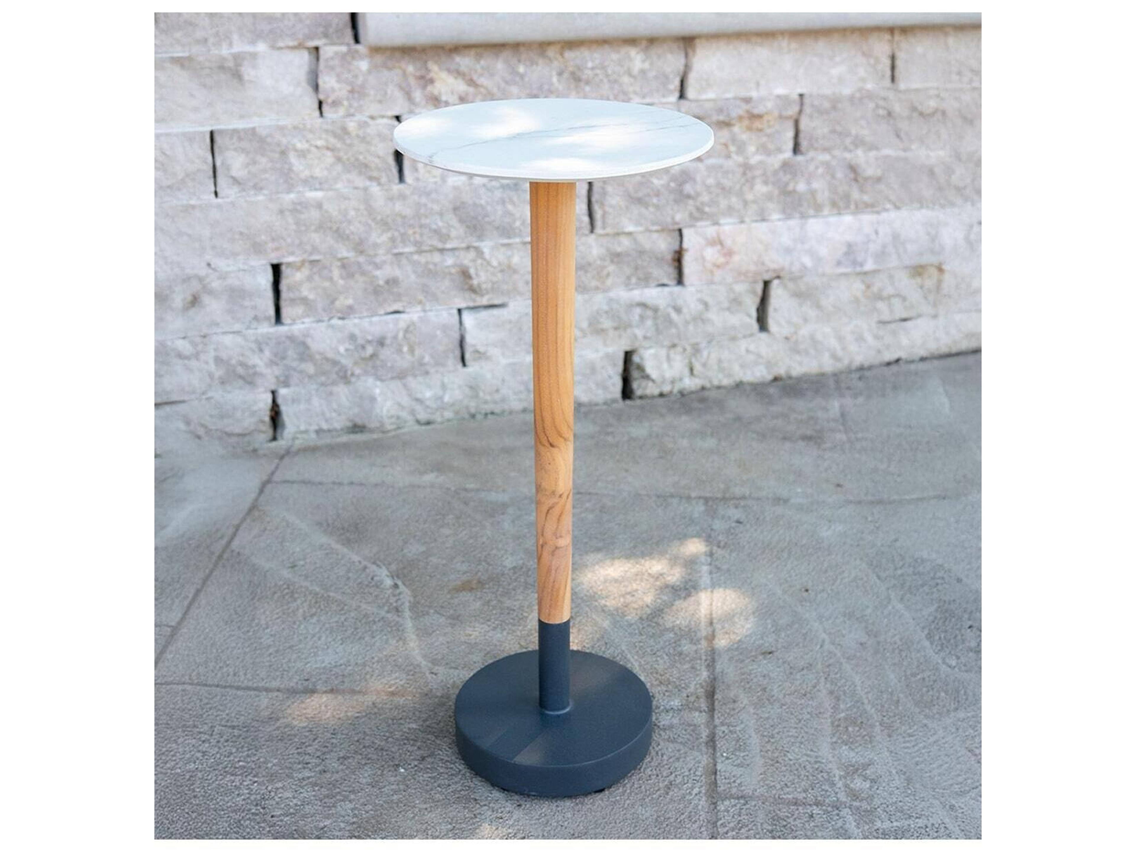 Outdoor Interiors Teak & White Marble Composite Cocktail Table, 10" Dia.