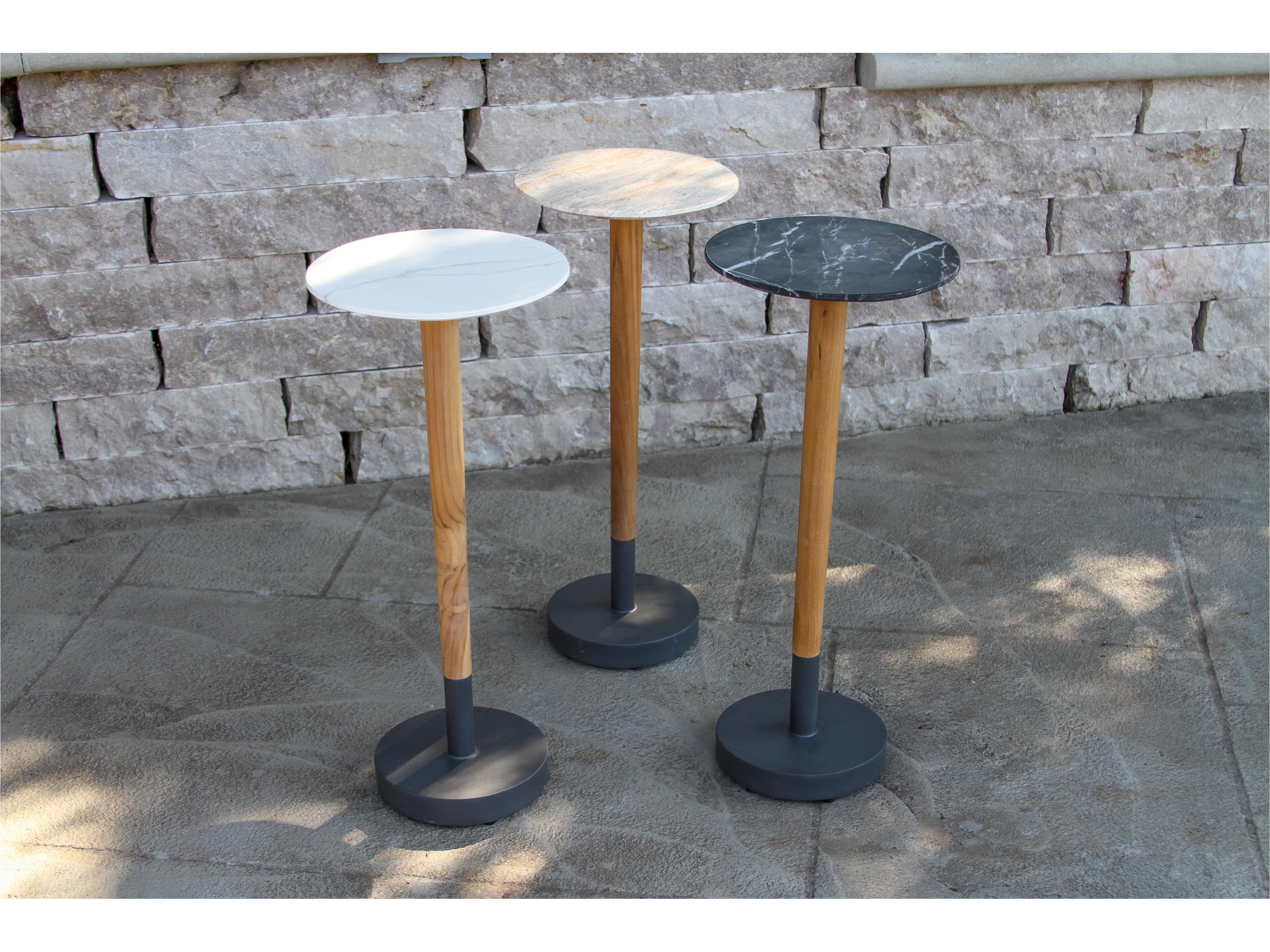 Outdoor Interiors Teak & White Marble Composite Cocktail Table, 10" Dia.