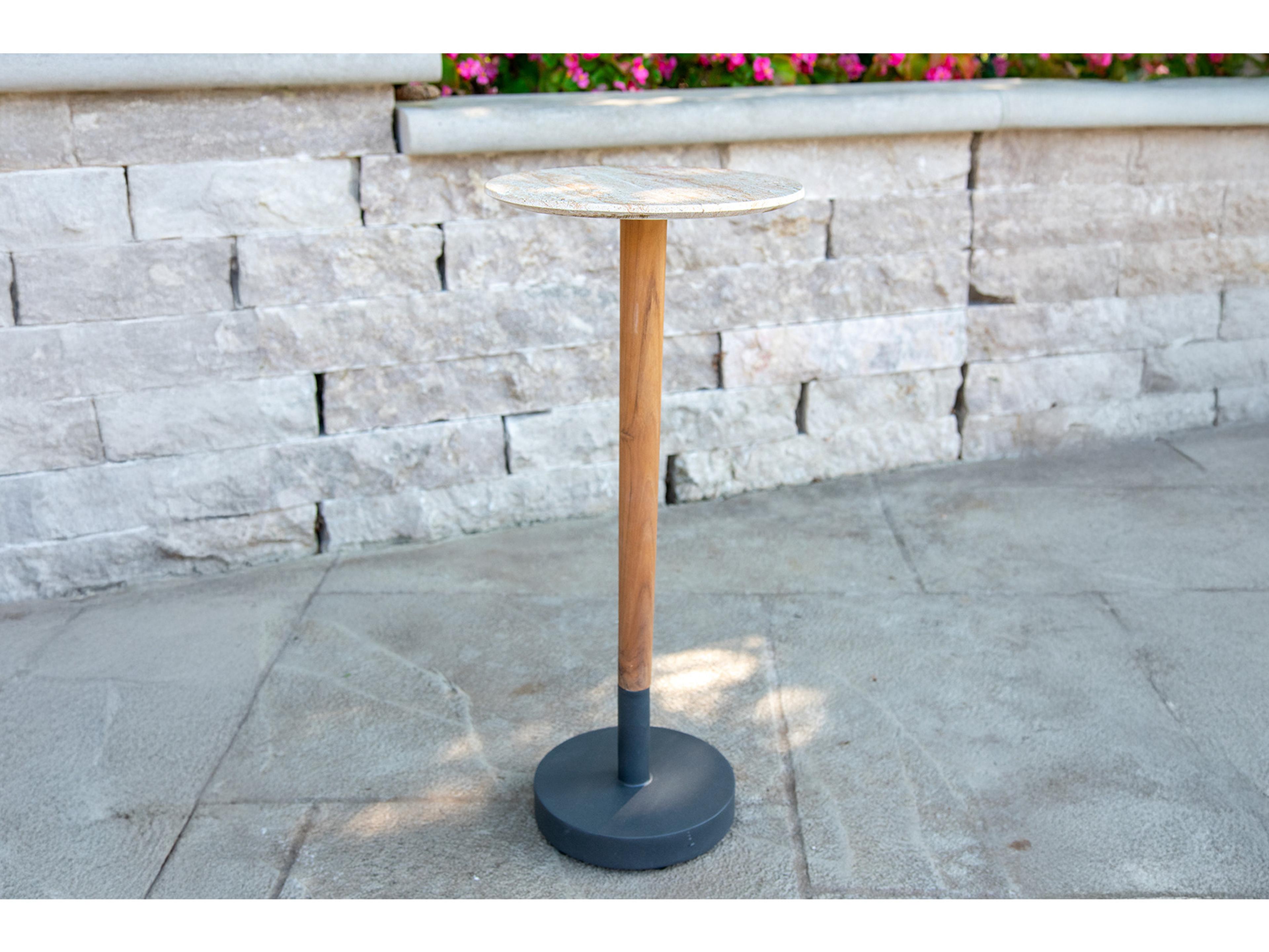 Outdoor Interiors Teak & Travertine Composite Cocktail Table, 10" Dia.