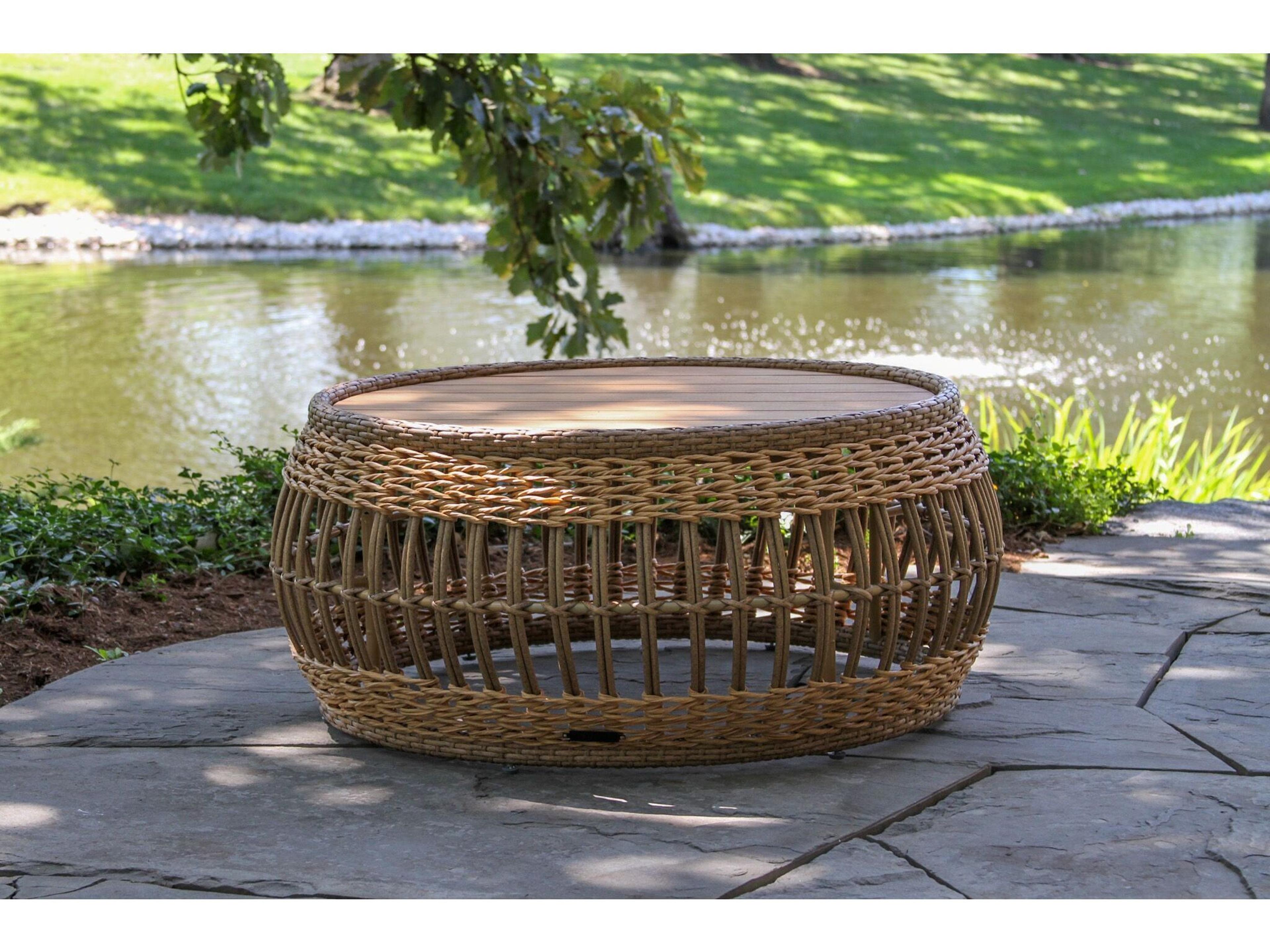 Outdoor Interiors Bohemian Teak & Wicker Coffee Table, 33" Dia.