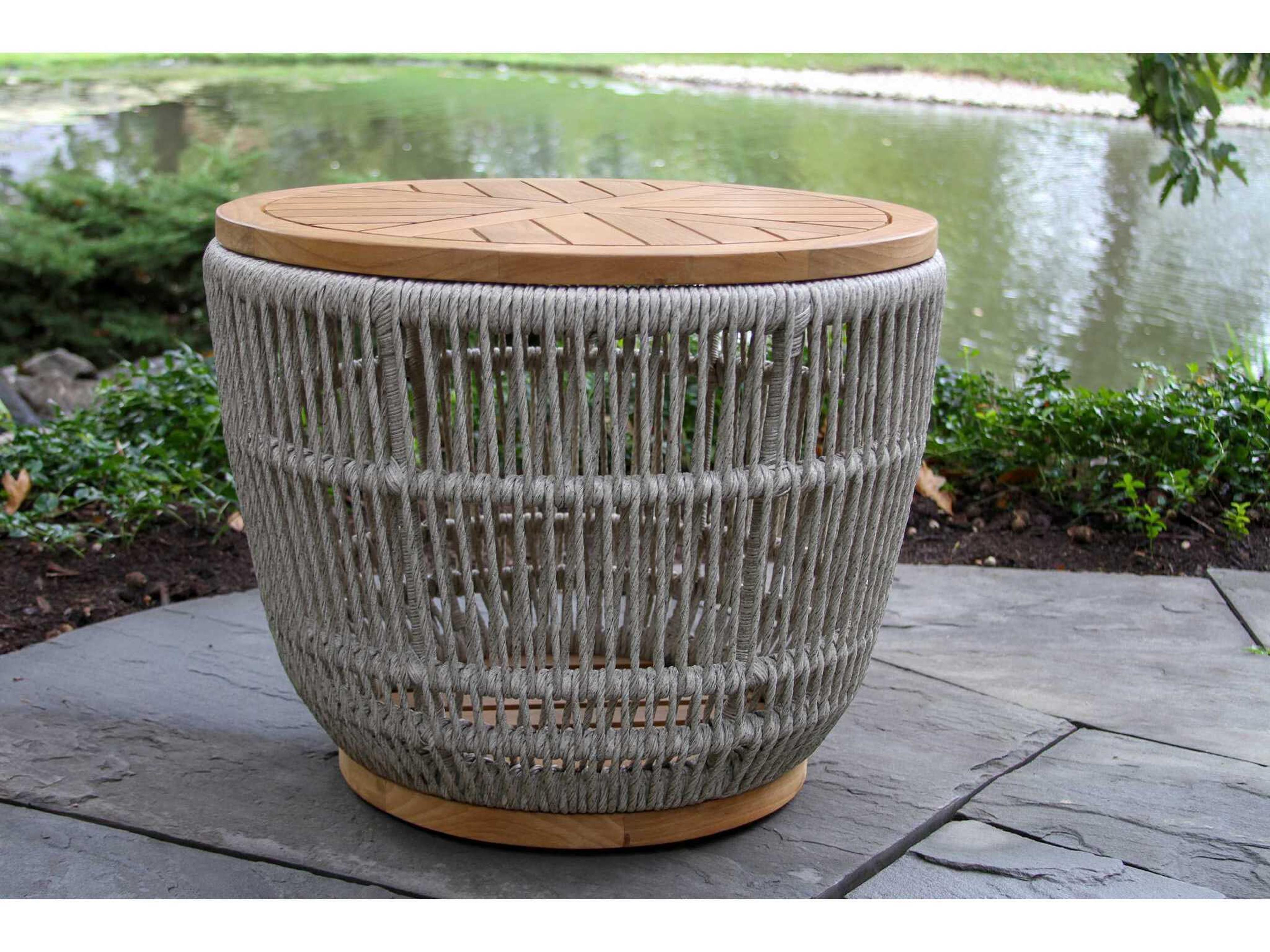 Outdoor Interiors Teak & Cable Wicker Storage Accent Table, 24" Dia.