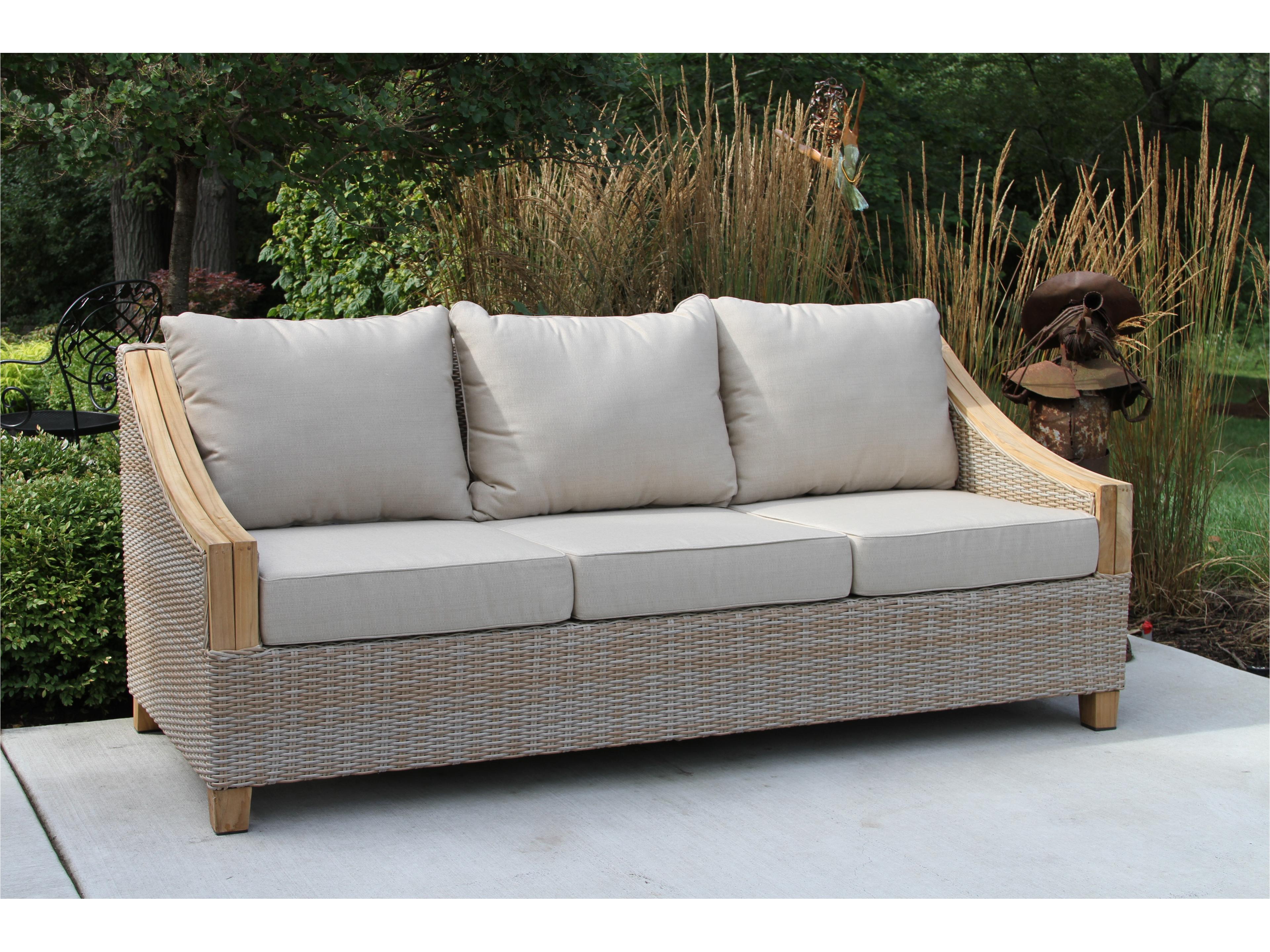 Outdoor Interiors Teak & Wicker Sofa w Sunbrella Cushions