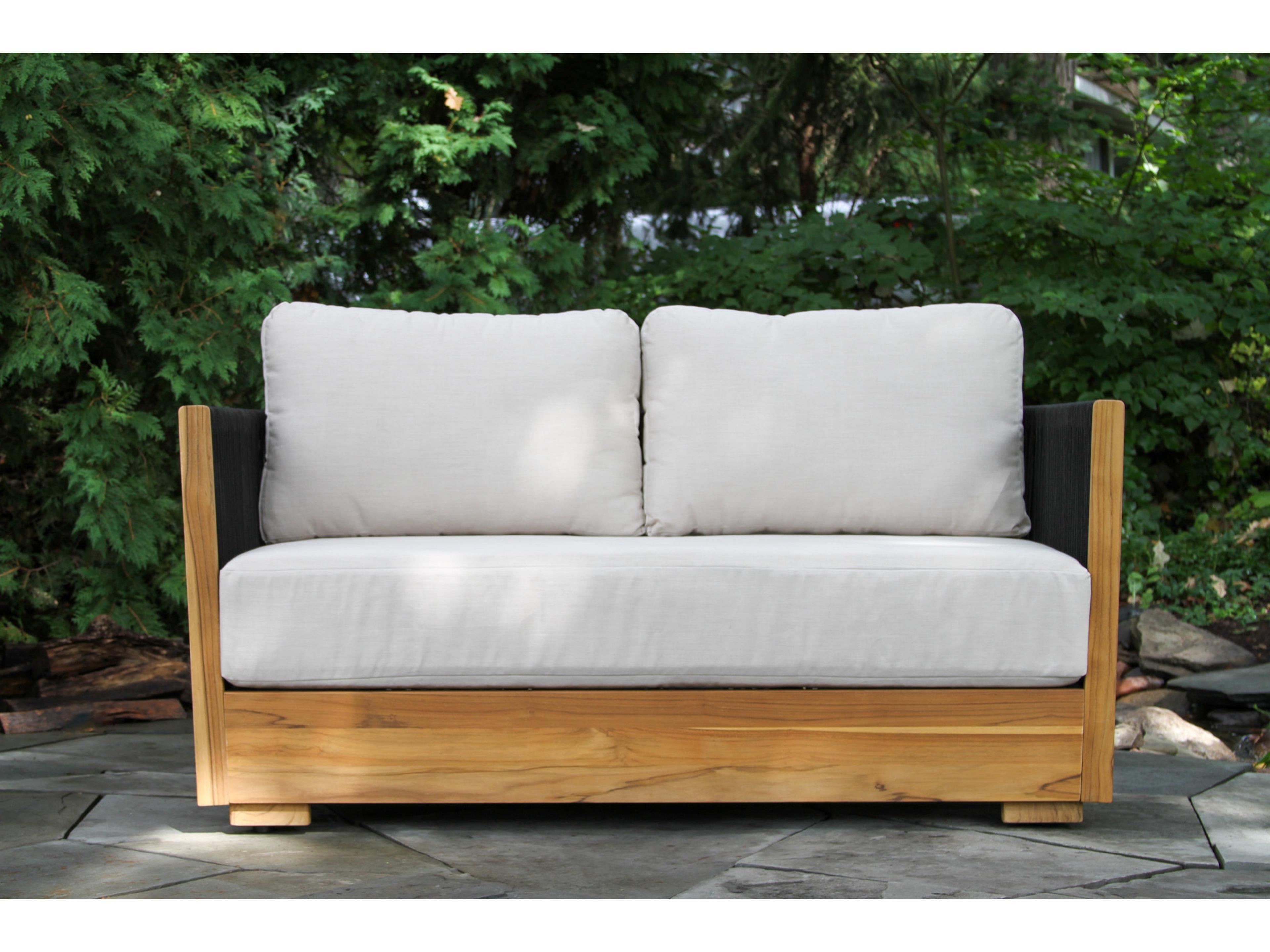 Outdoor Interiors Teak & Black Rope Loveseat w Sunbrella