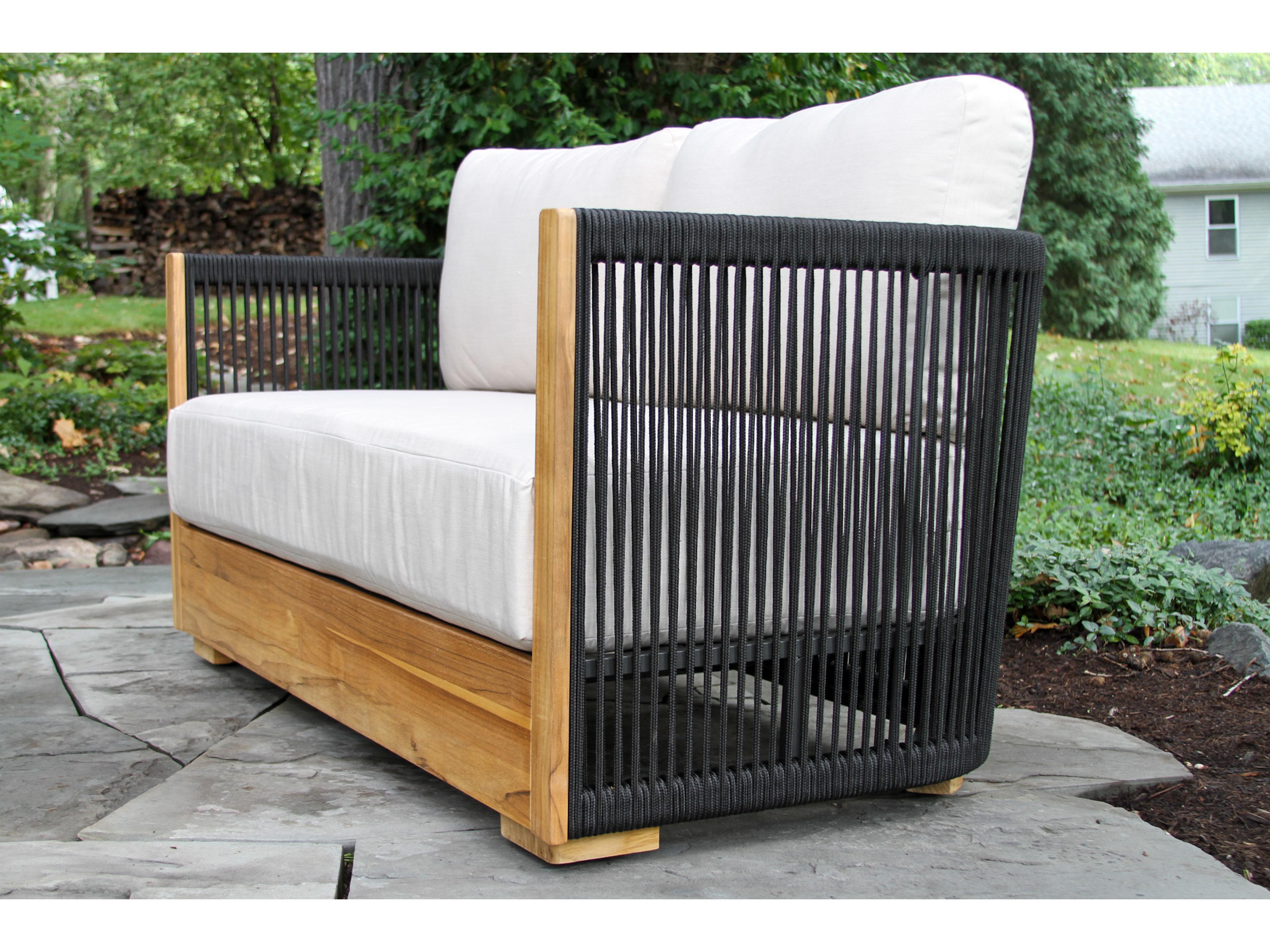 Outdoor Interiors Teak & Black Rope Loveseat w Sunbrella