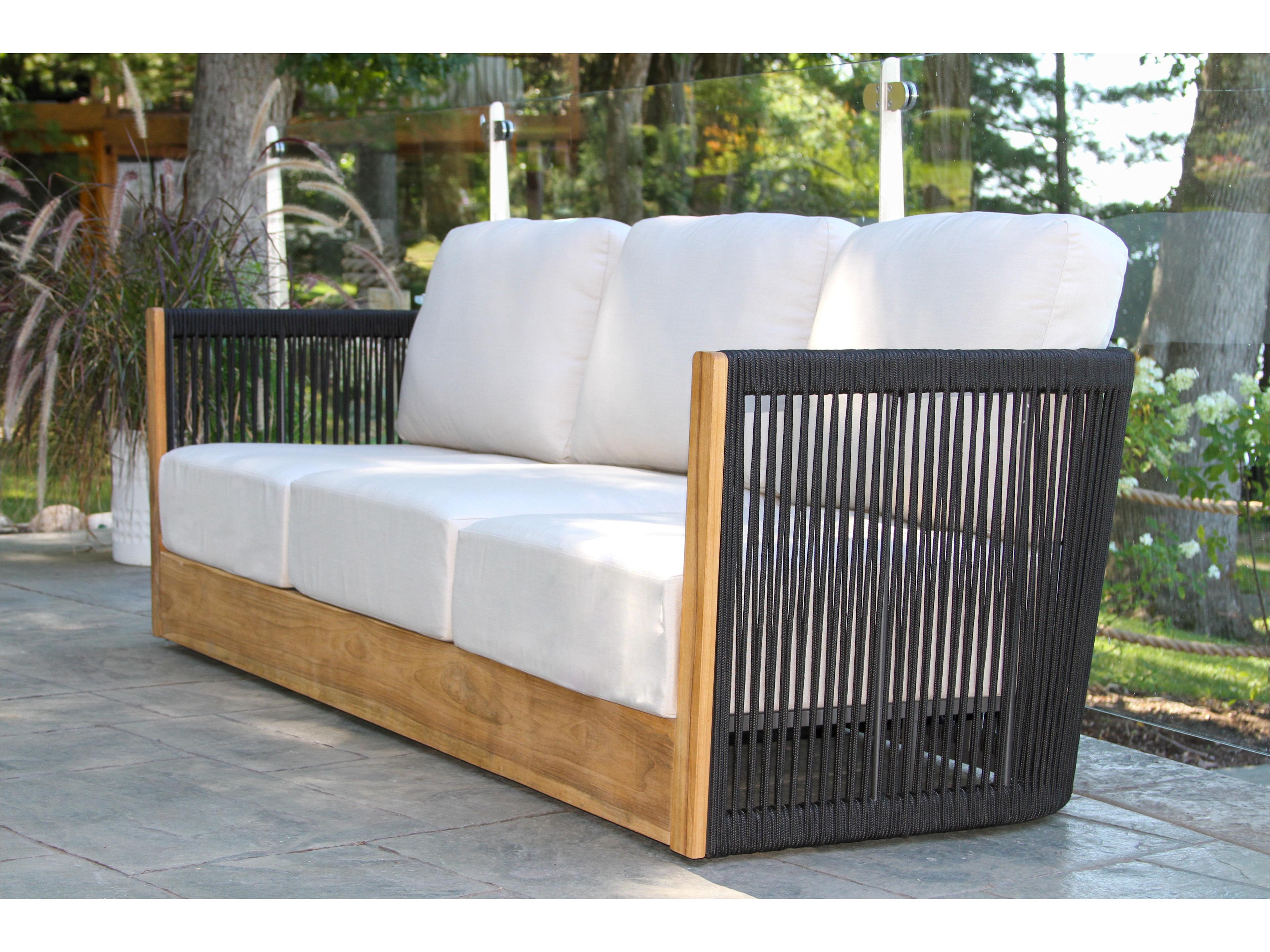 Outdoor Interiors Teak & Black Rope Sofa w Sunbrella