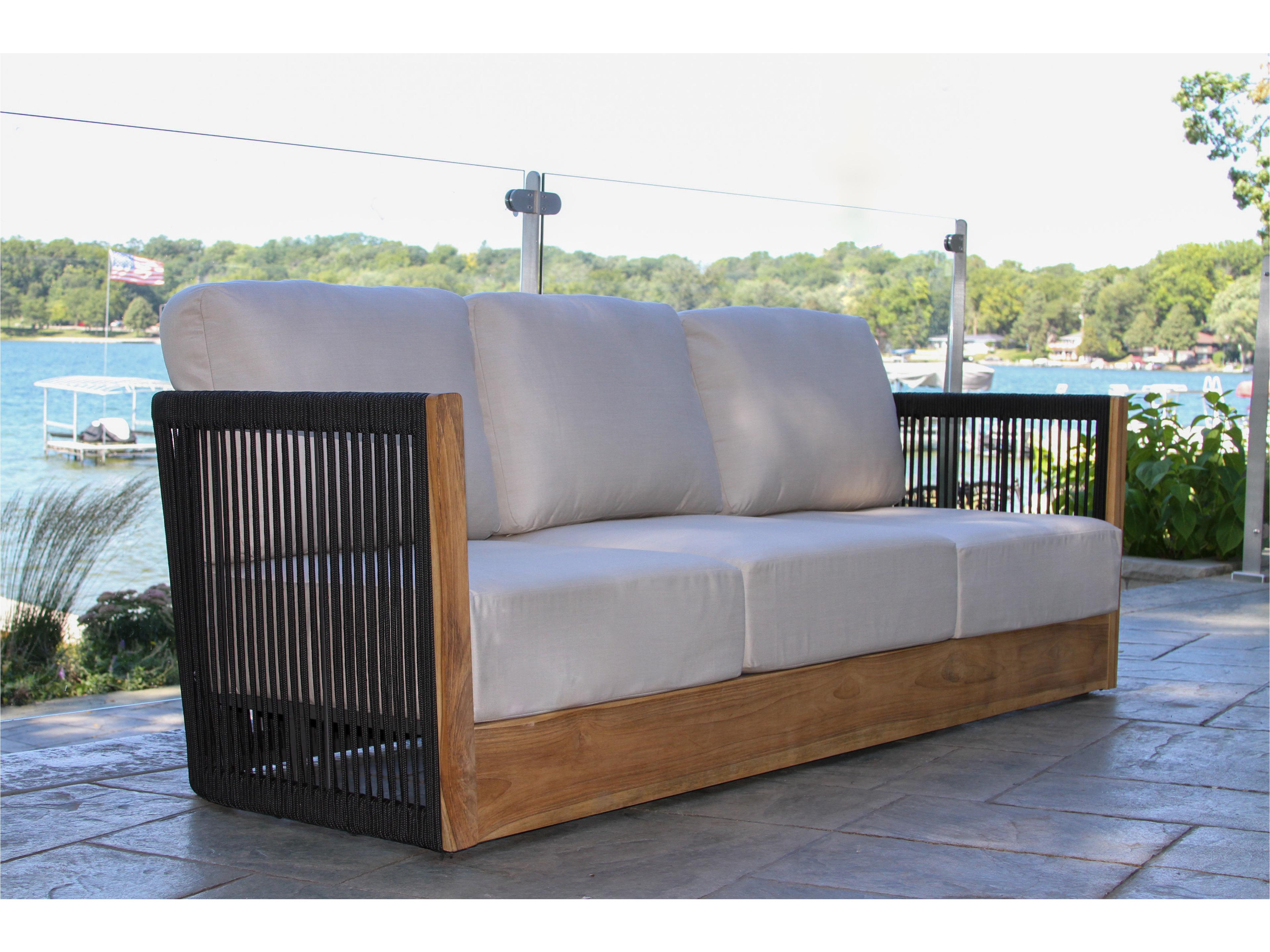 Outdoor Interiors Teak & Black Rope Sofa w Sunbrella