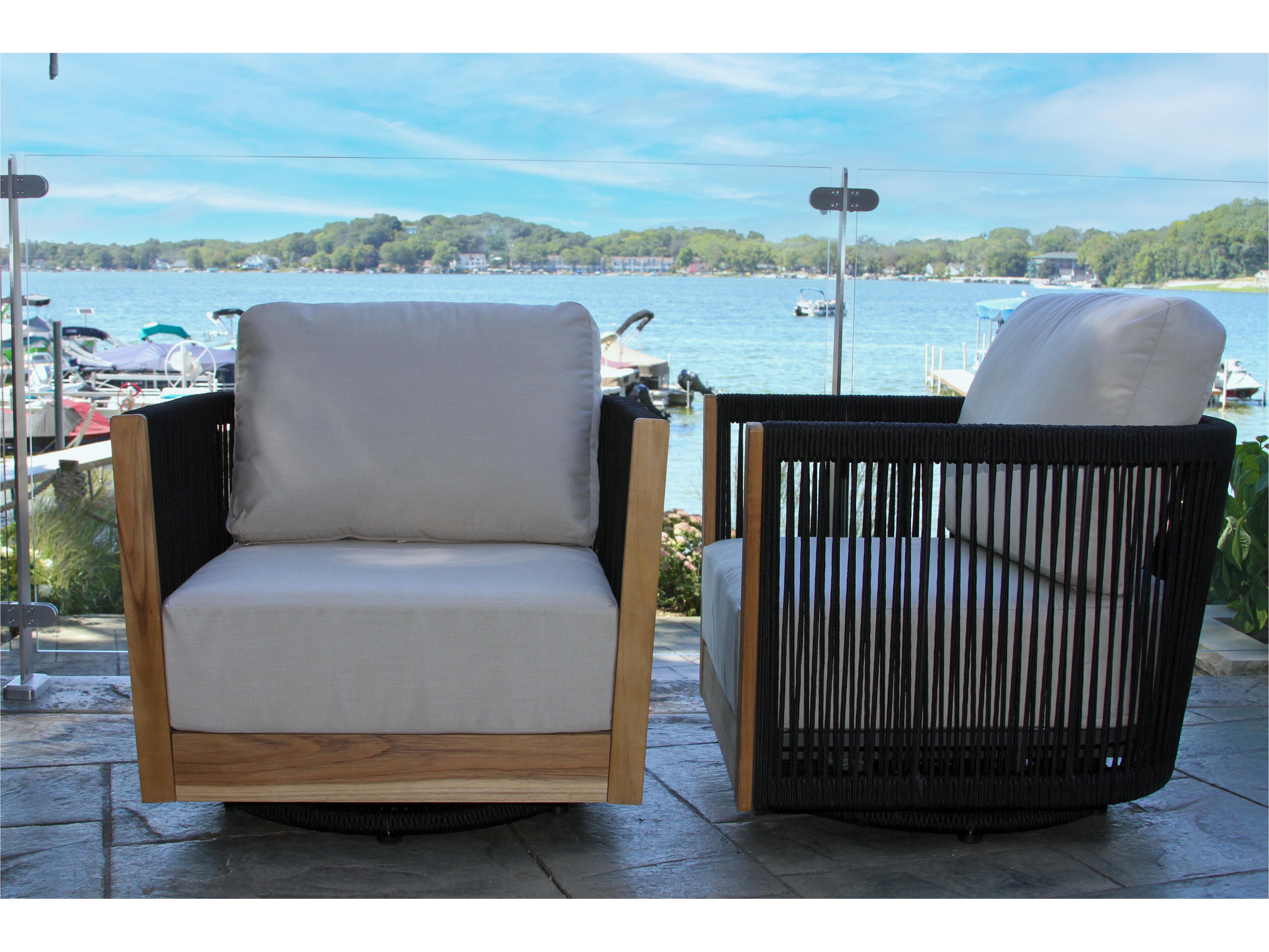 Outdoor Interiors Black Rope & Teak Swivel Chair w Sunbrella Cushions