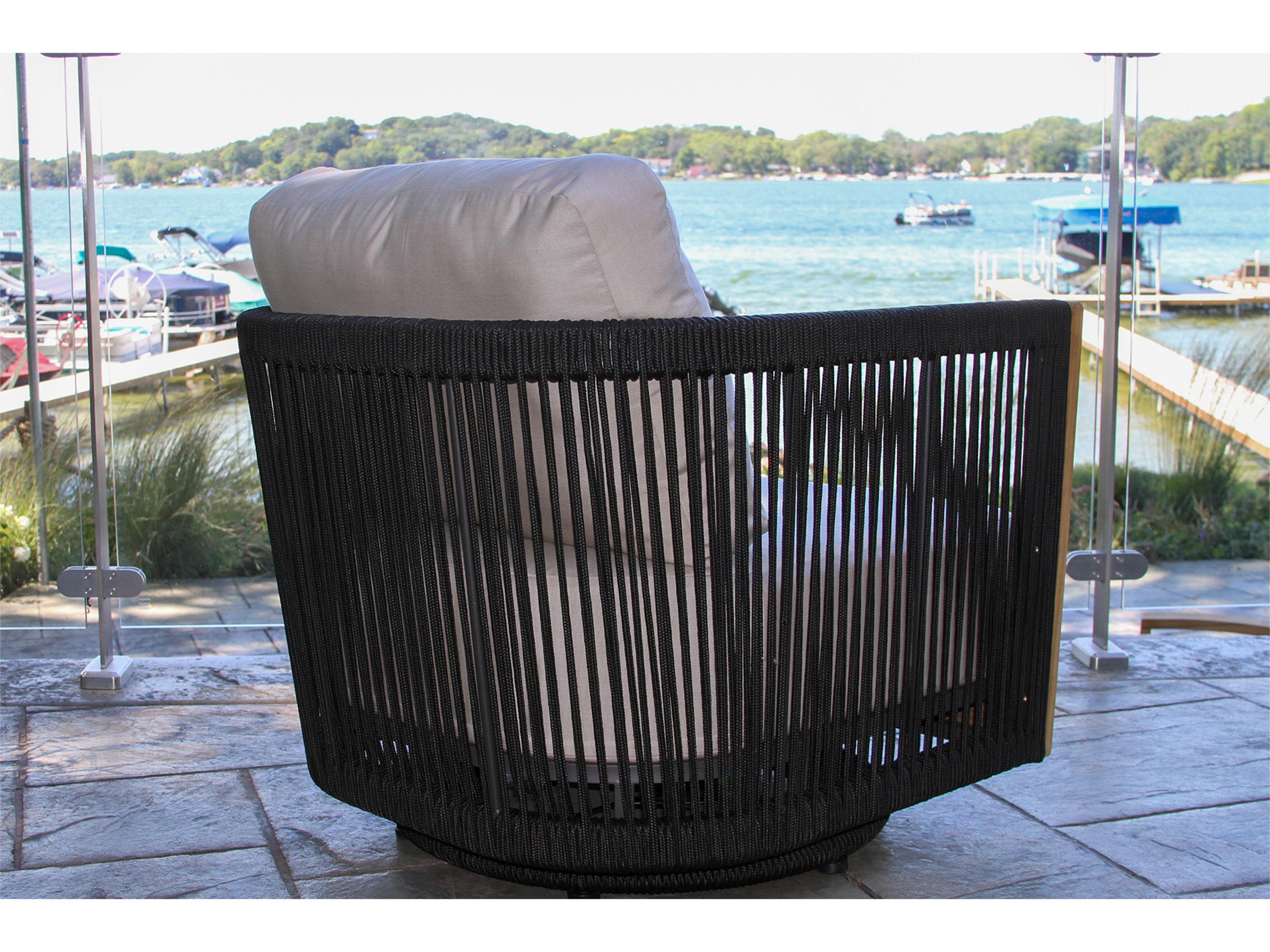Outdoor Interiors Black Rope & Teak Swivel Chair w Sunbrella Cushions