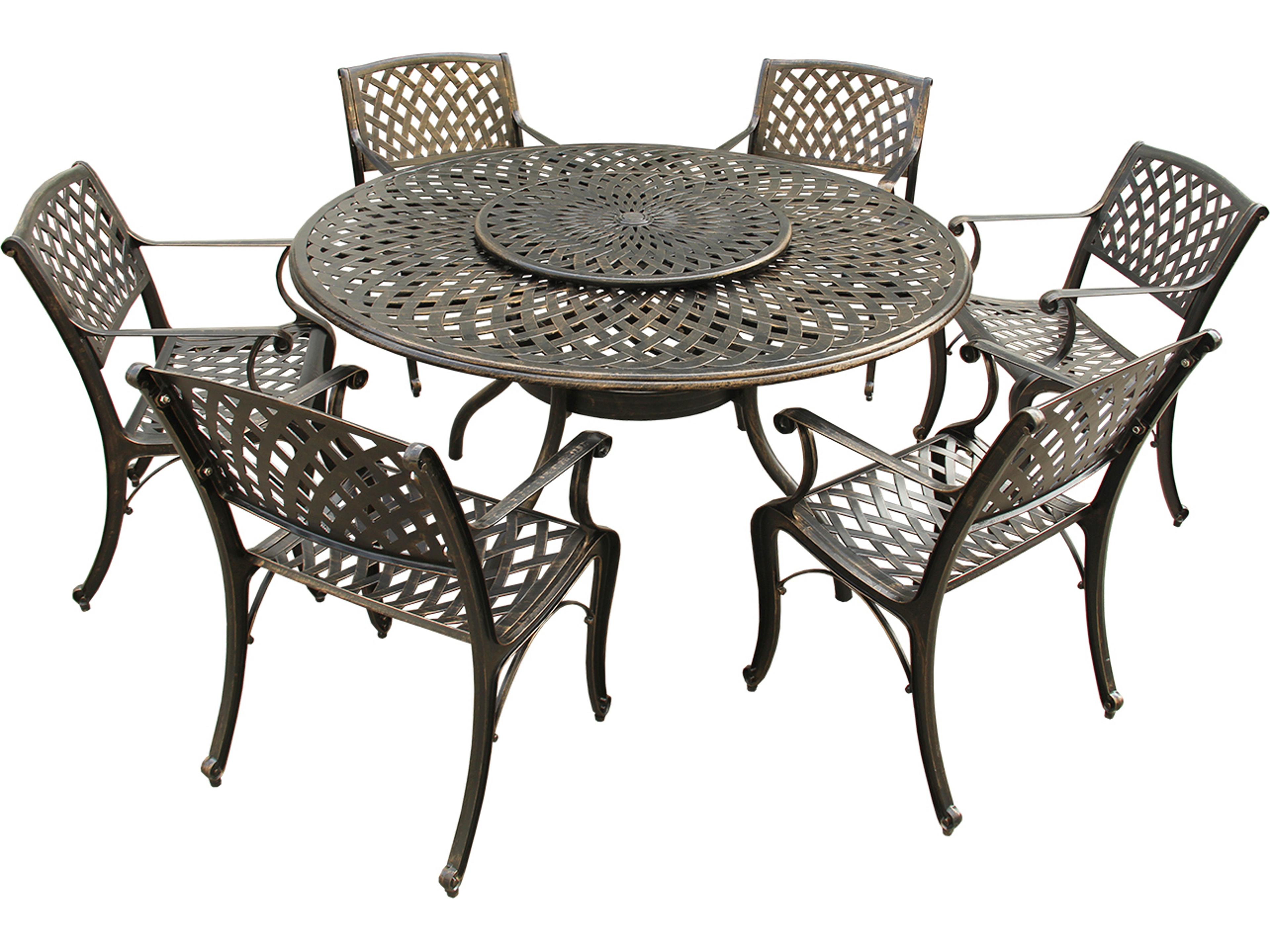 Modern Lattice Aluminum 59 inch Bronze Round Outdoor Dining Set with Lazy Susan and Six Chairs