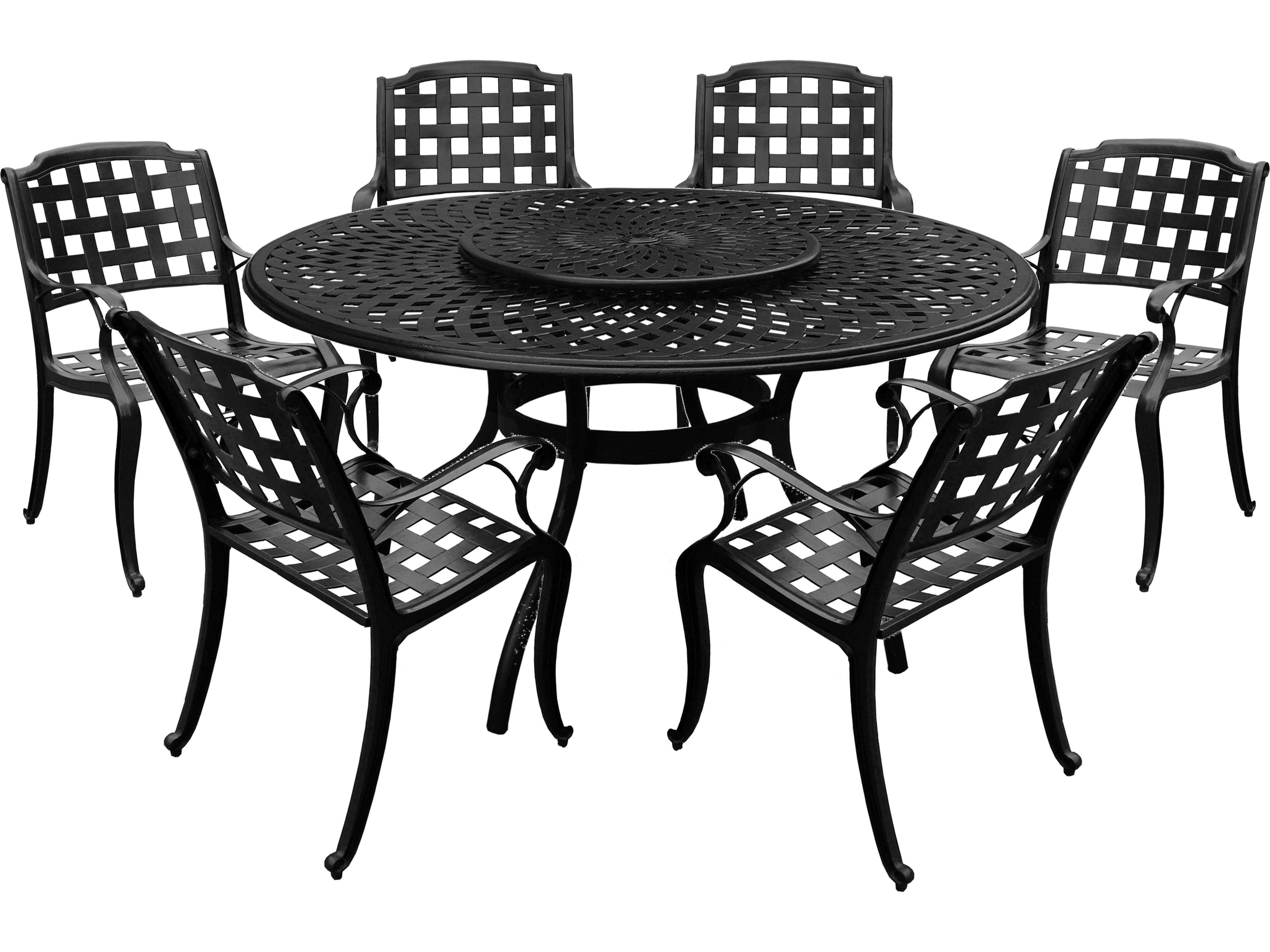 Modern Aluminum 59'' Large Black Round Patio Dining Set with Lazy Susan and Six Chairs