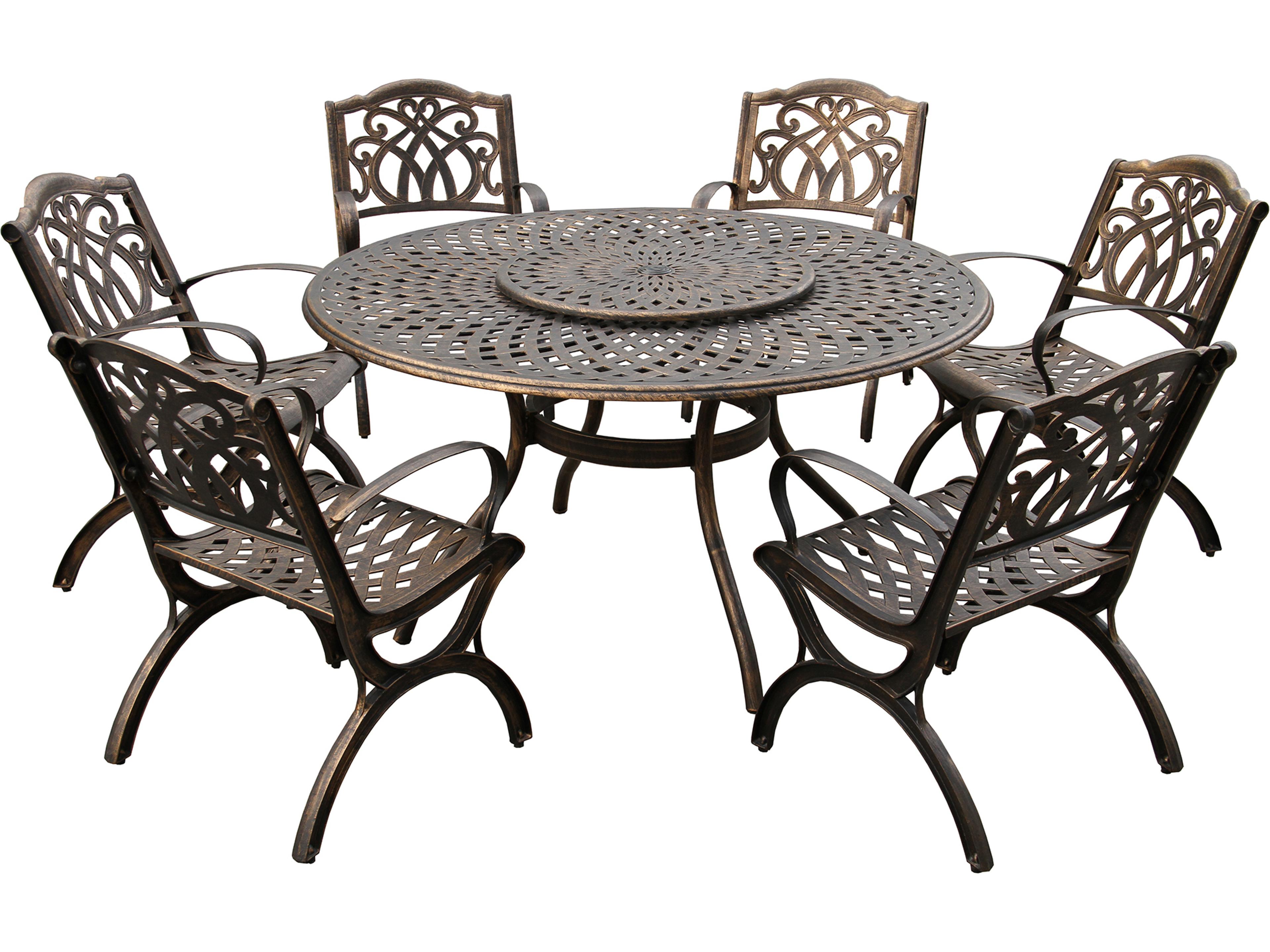 Modern Aluminum 59'' Bronze Large Round Outdoor Dining Set with Lazy Susan and Six Chairs