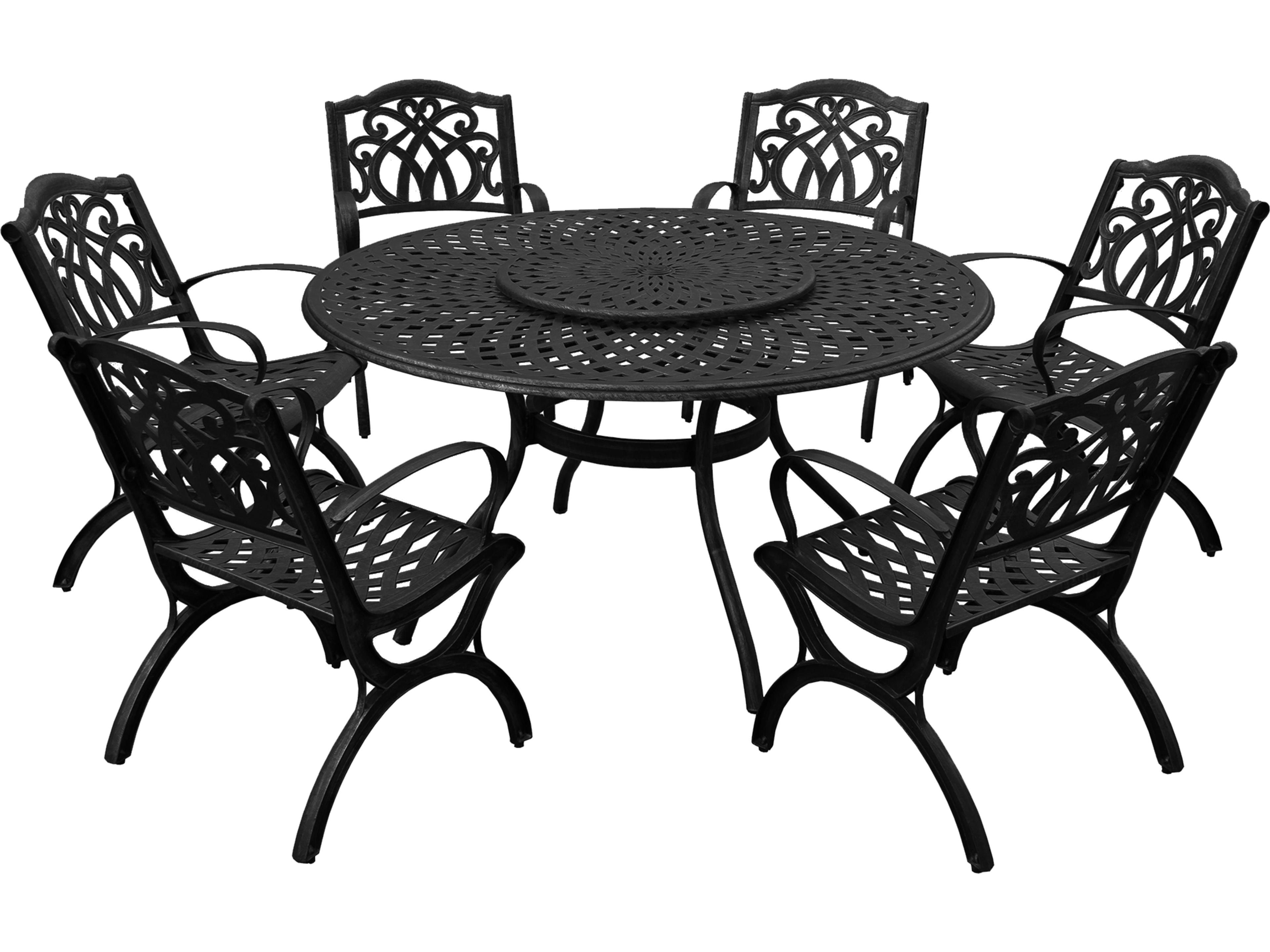 Modern Aluminum 59'' Large Black Round Outdoor Patio Dining Set with Lazy Susan and Six Chairs