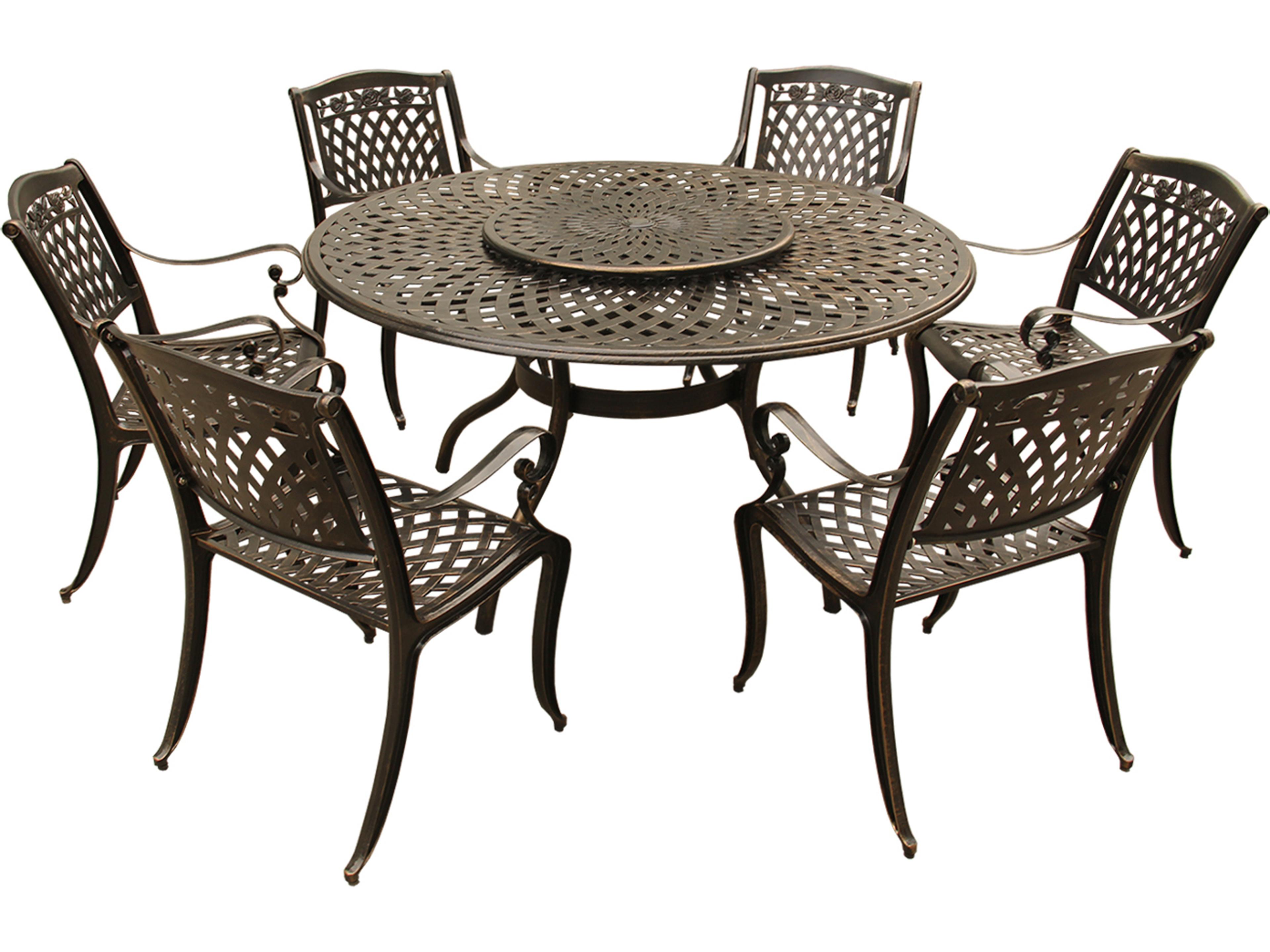 Rose Modern Traditional Lattice Aluminum 59 inch Bronze Round Outdoor Dining Set with Lazy Susan and Six Chairs
