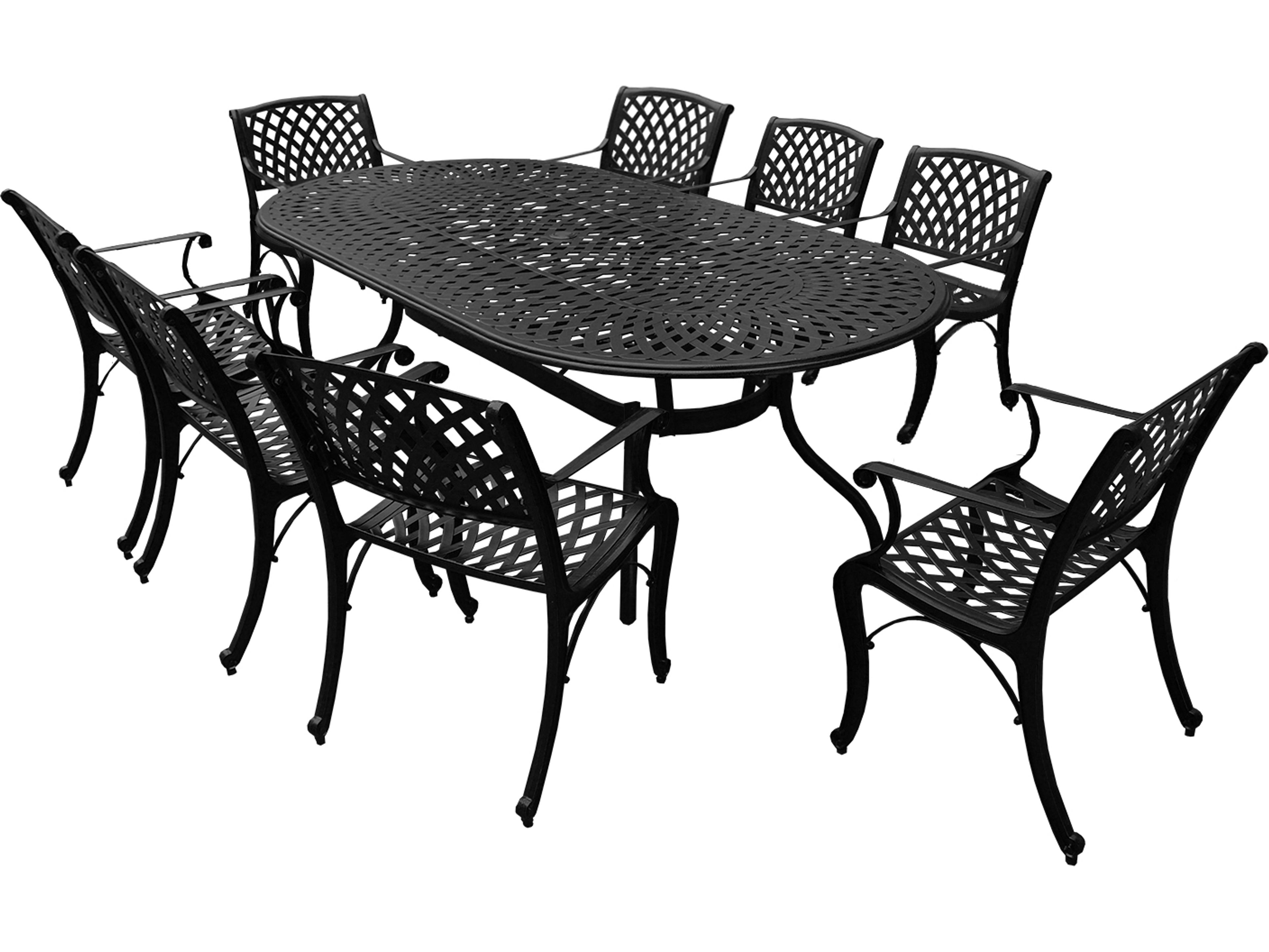 Modern Lattice Aluminum 95'' Large Black Oval Outdoor Dining Set with Eight Arm Chairs