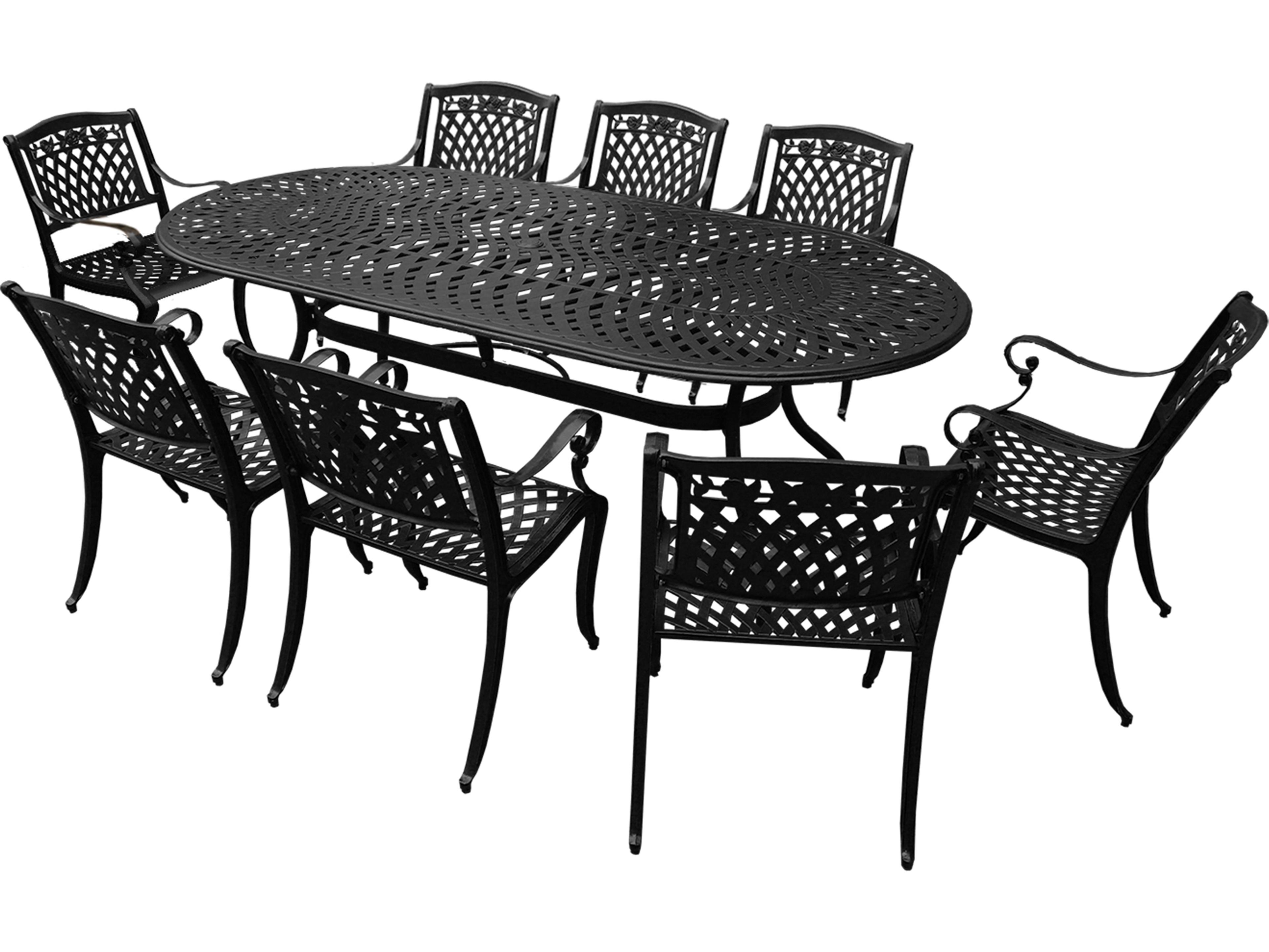Modern Lattice Aluminum 95'' Large Black Oval Outdoor Patio Dining Set with Eight Arm Chairs