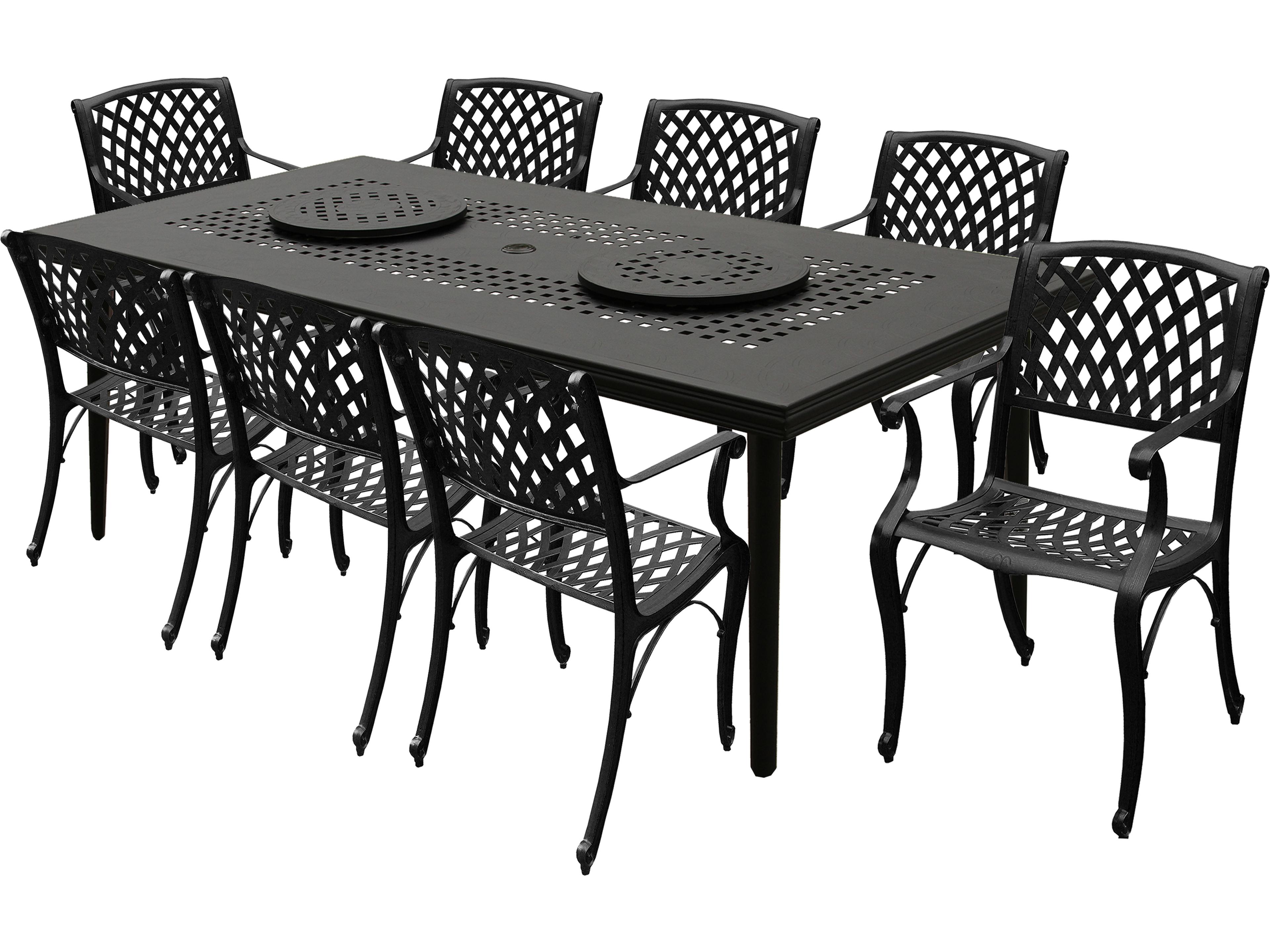 Modern Aluminum 84'' Large Black Rectangular Outdoor Dining Set with Two Lazy Susans and Eight Chairs