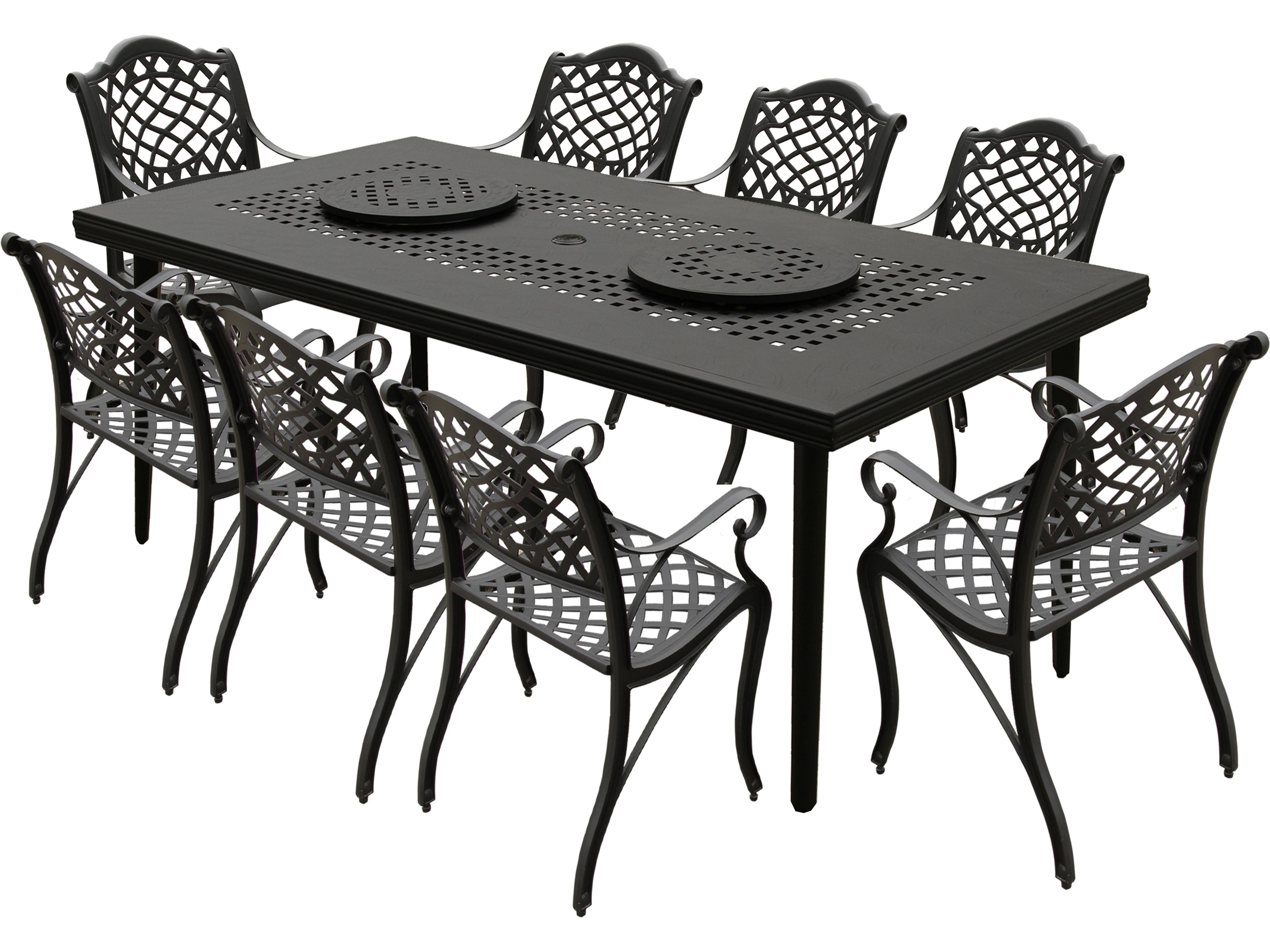 Modern Aluminum 84'' Large Black Rectangular Outdoor Dining Set with Two Lazy Susans and Eight Chairs