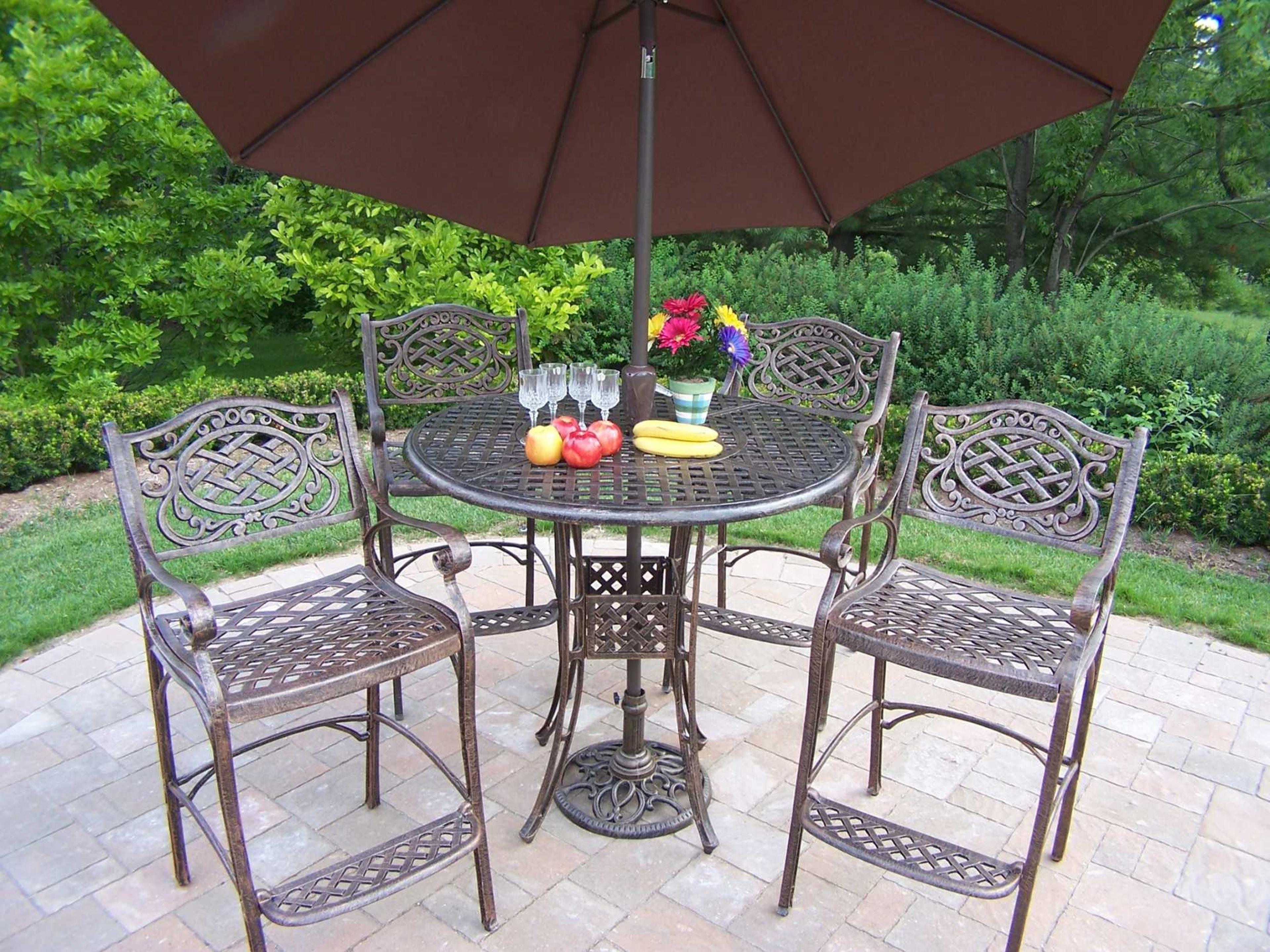 Oakland Living Elite Bar Metal with Umbrella and Stand Cast Aluminum Patio Dining Set