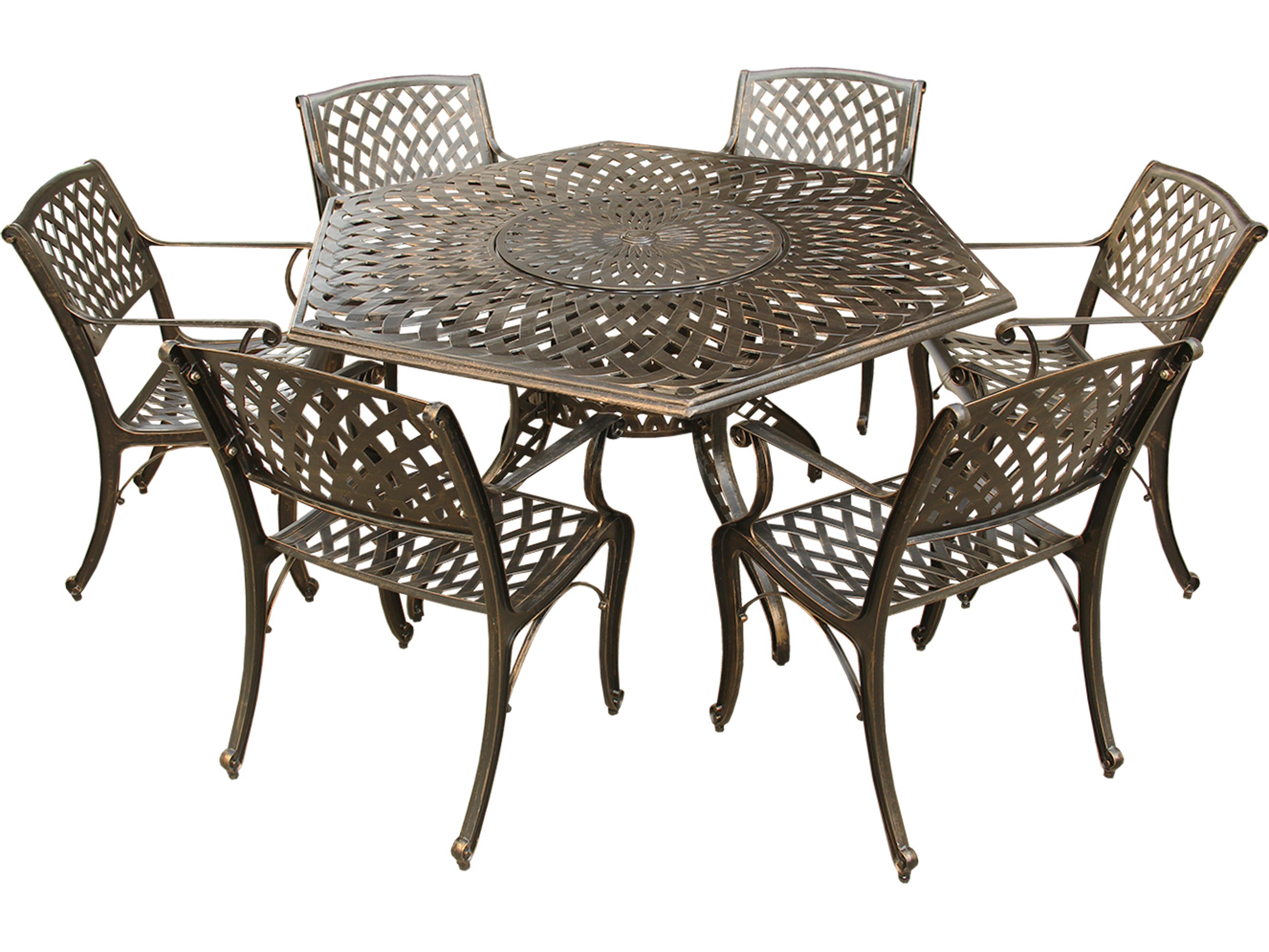 Modern Lattice Aluminum 63 inch Bronze Hexagon Outdoor Patio Dining Set with Lazy Susan and Six Chairs