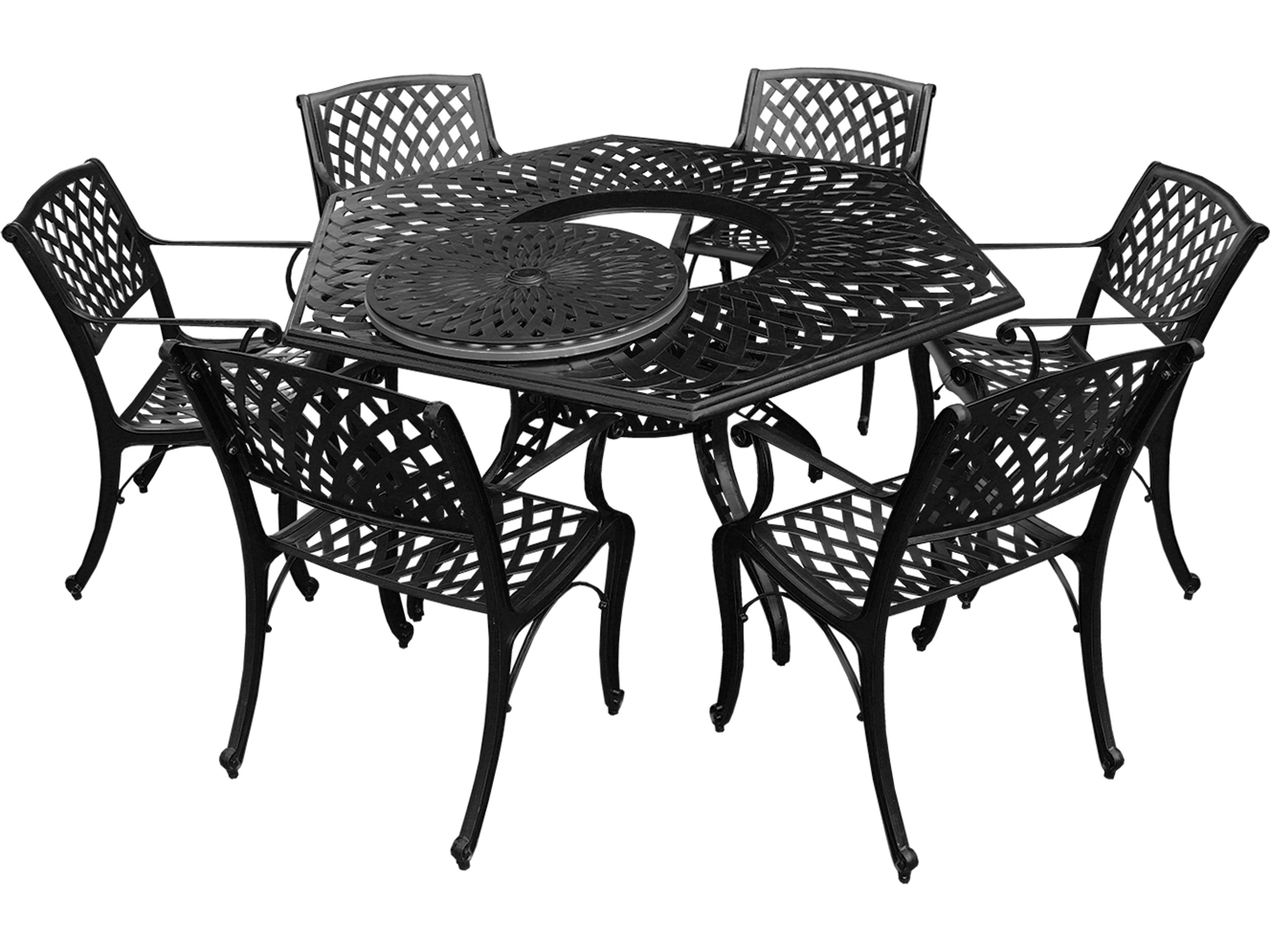 Oakland Living Modern Aluminum 63'' Large Black Hexagon Patio Dining Set with Lazy Susan and Six Chairs