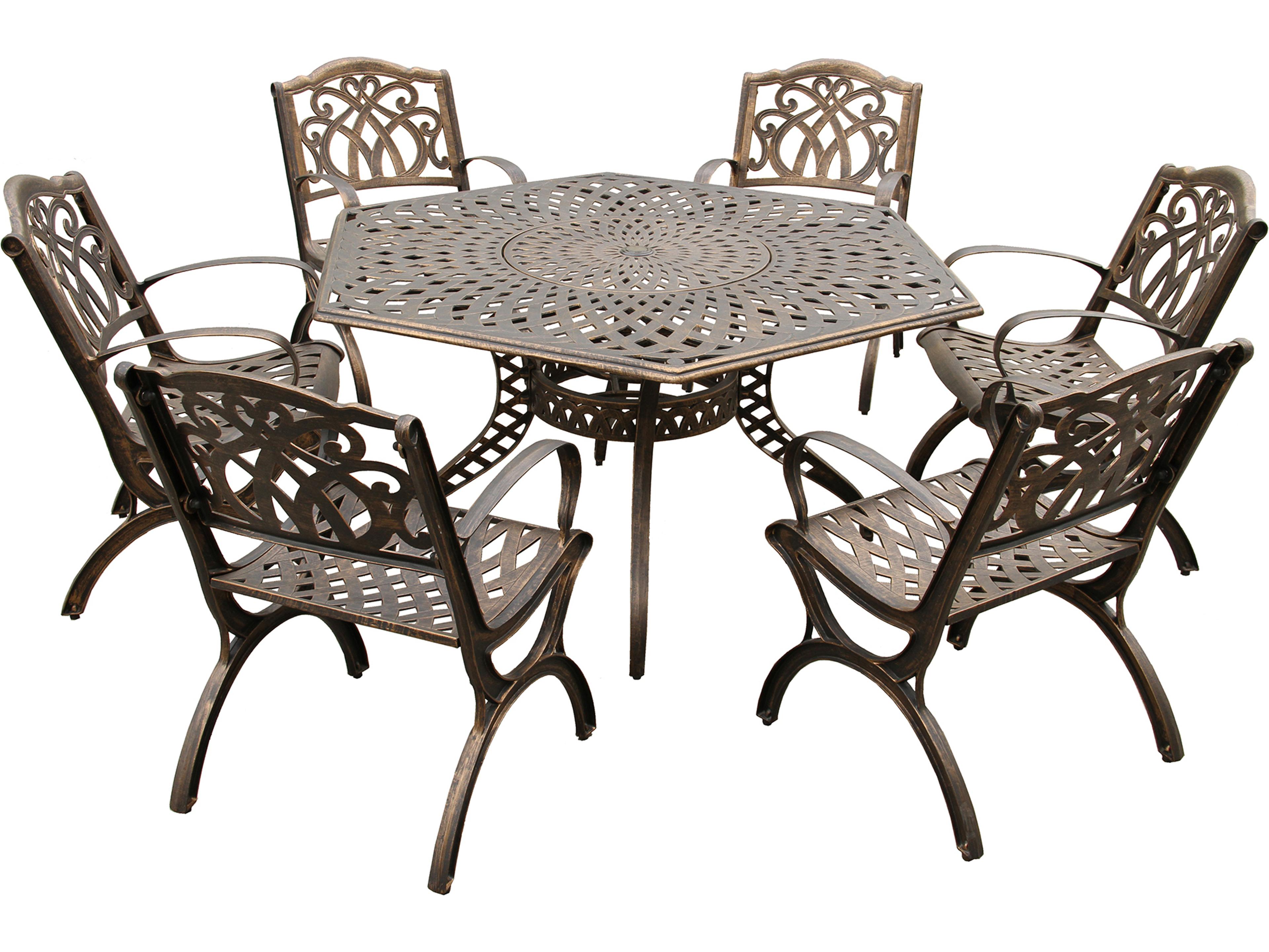 Modern Aluminum 63'' Large Bronze Hexagon Outdoor Patio Dining Set with Lazy Susan and Six Chairs