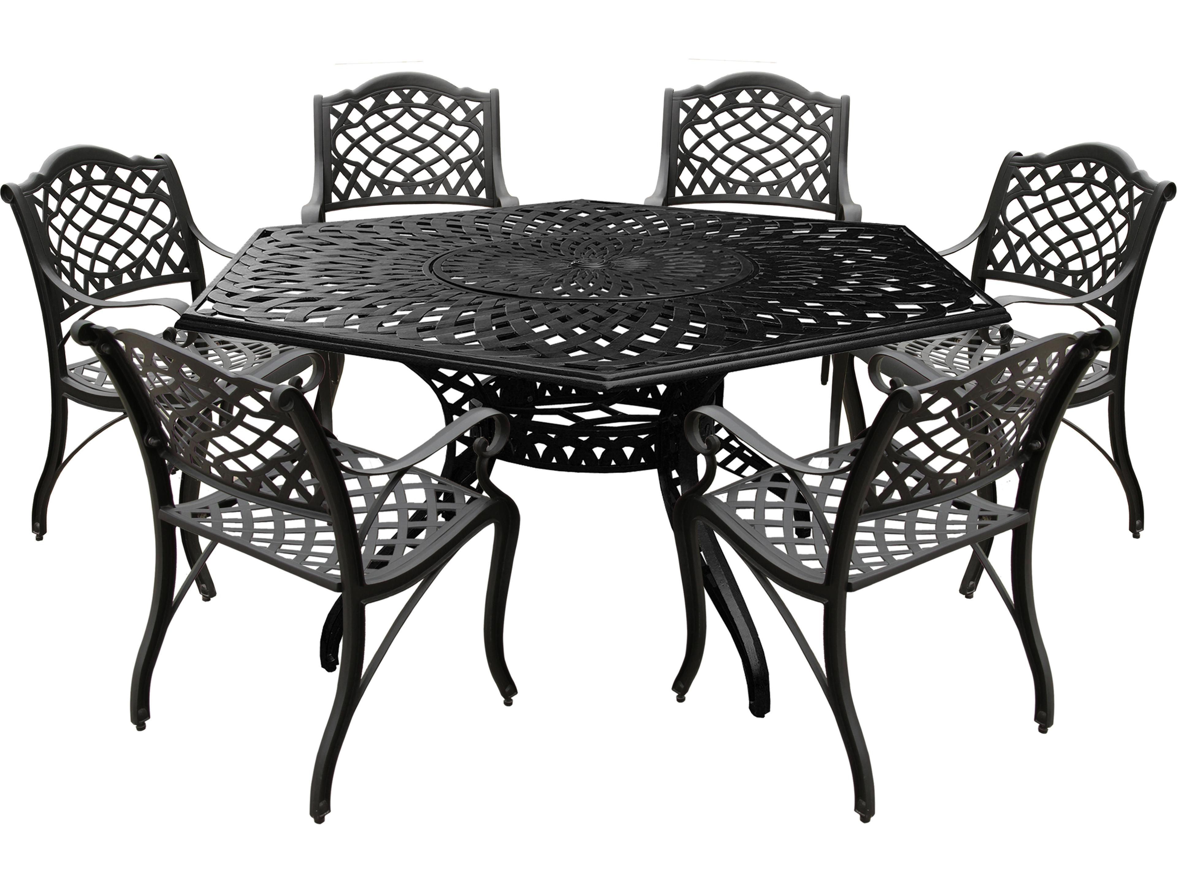 Modern Aluminum 63'' Large Black Hexagon Outdoor Dining Set with Lazy Susan and Six Chairs