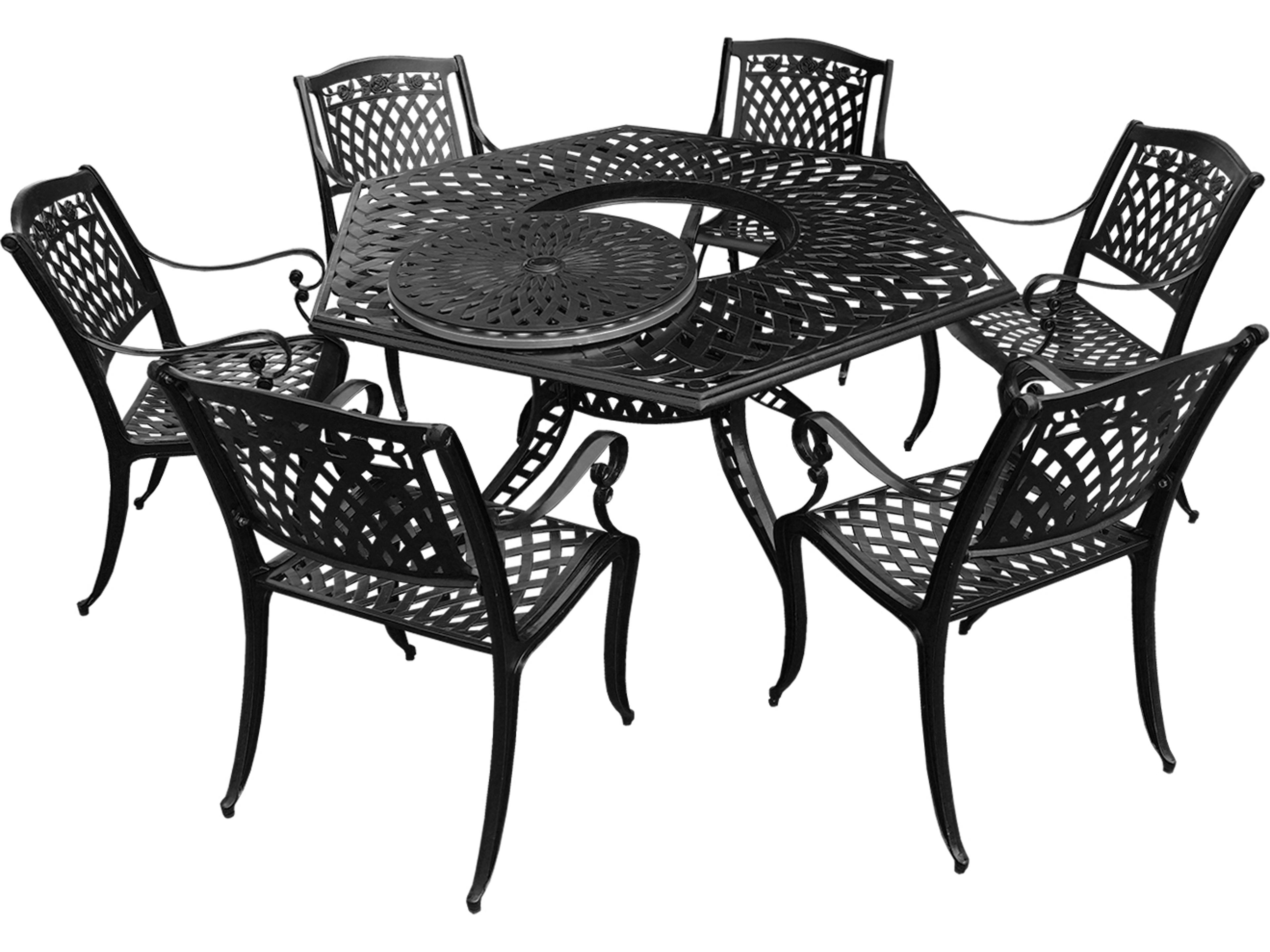 Oakland Living Modern Aluminum 63'' Large Black Hexagon Patio Dining Set with Lazy Susan and Six Chairs