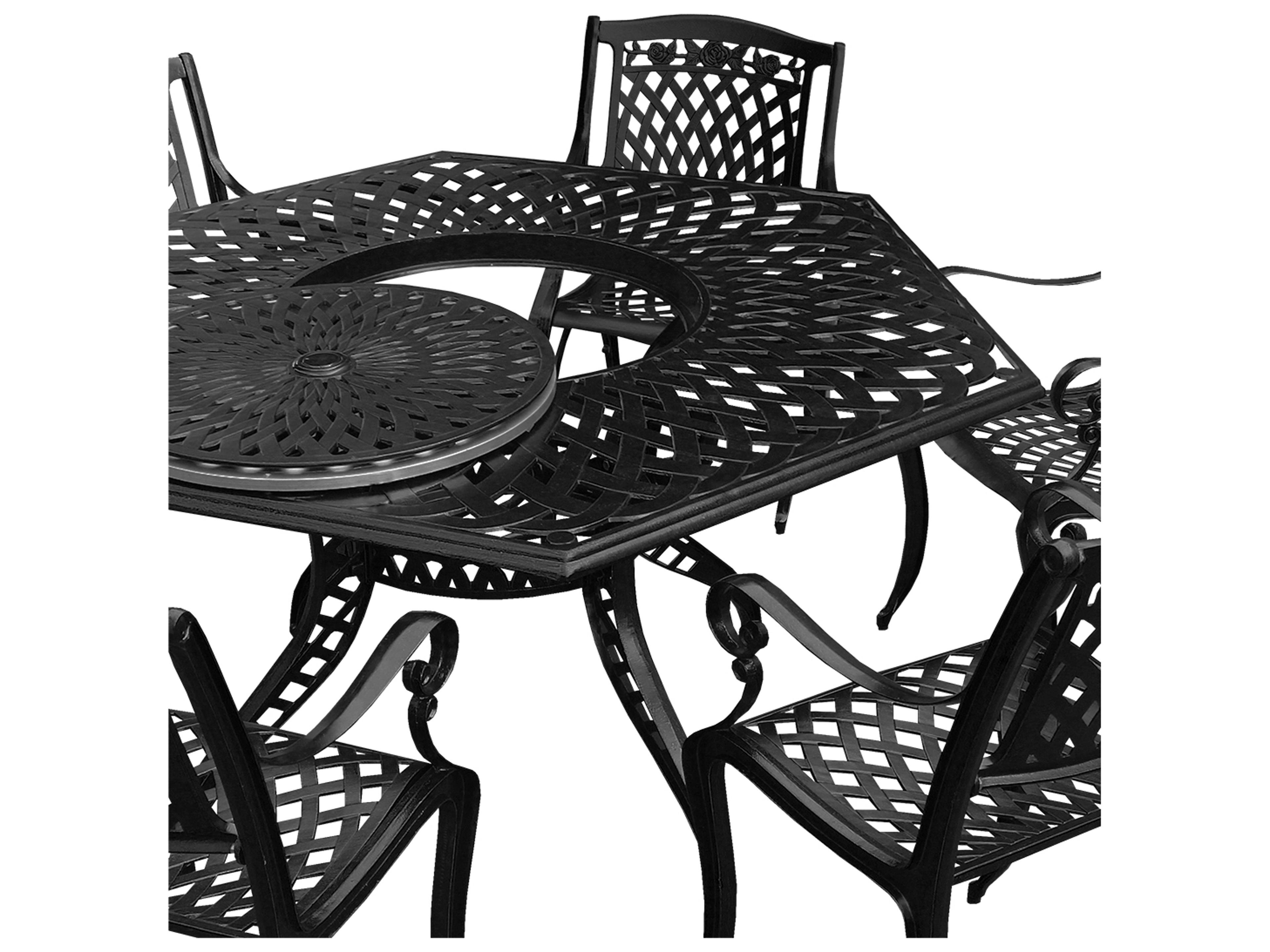 Oakland Living Modern Aluminum 63'' Large Black Hexagon Patio Dining Set with Lazy Susan and Six Chairs