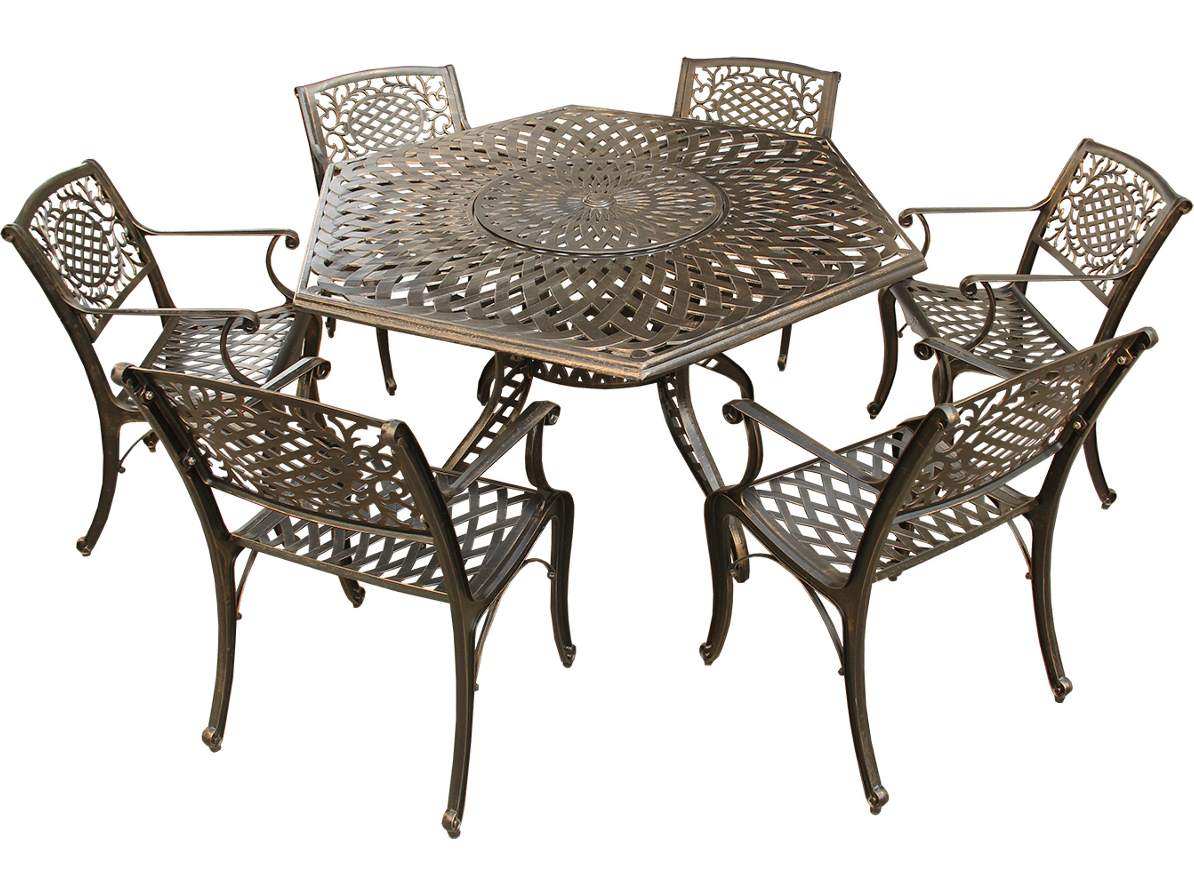 Modern Traditional Lattice Aluminum 63 inch Bronze Hexagon Outdoor Dining Set with Lazy Susan and Six Chairs