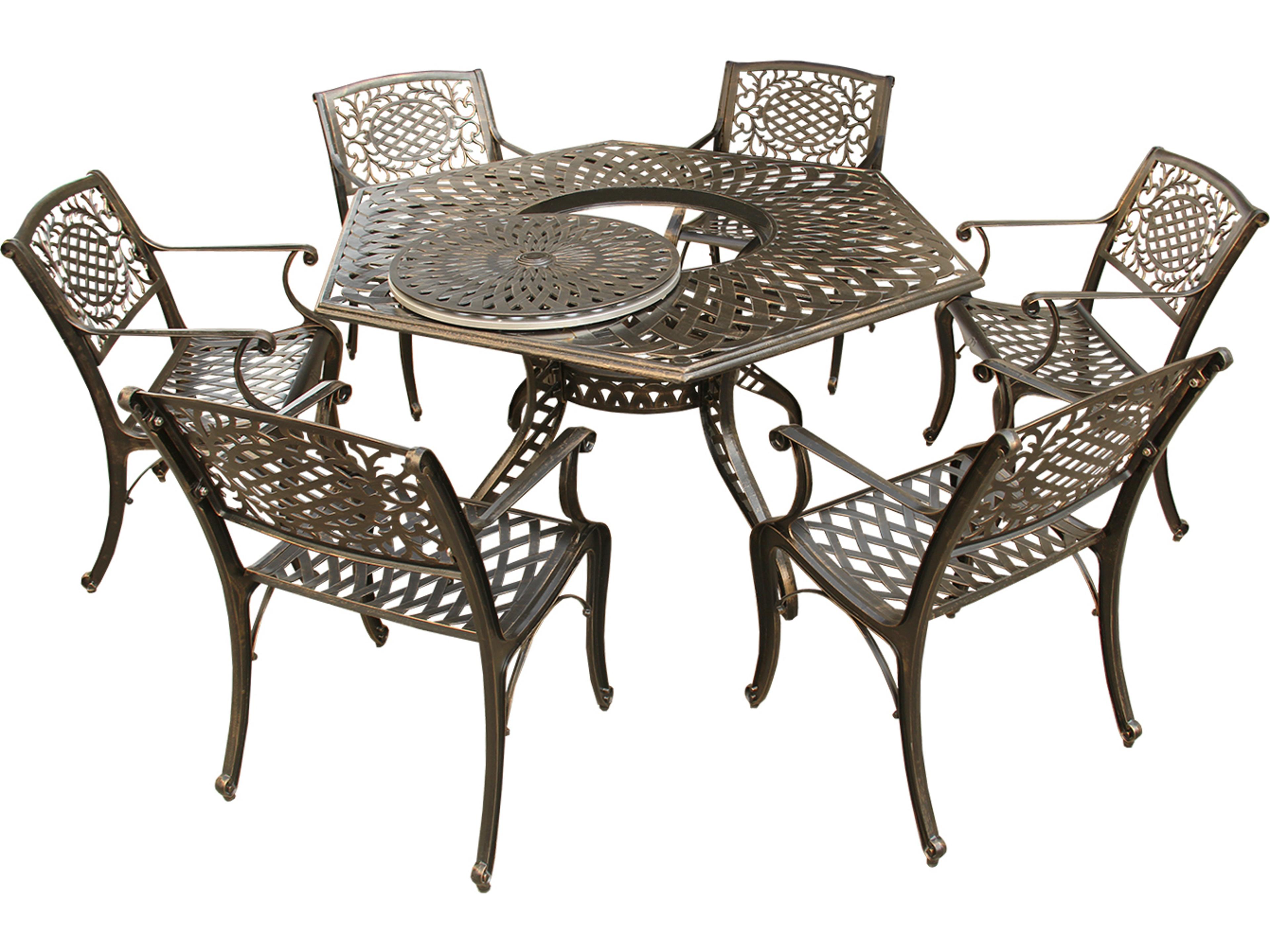 Oakland Living Modern Traditional Lattice Aluminum 63 inch Bronze Hexagon Outdoor Dining Set with Lazy Susan and Six Chairs