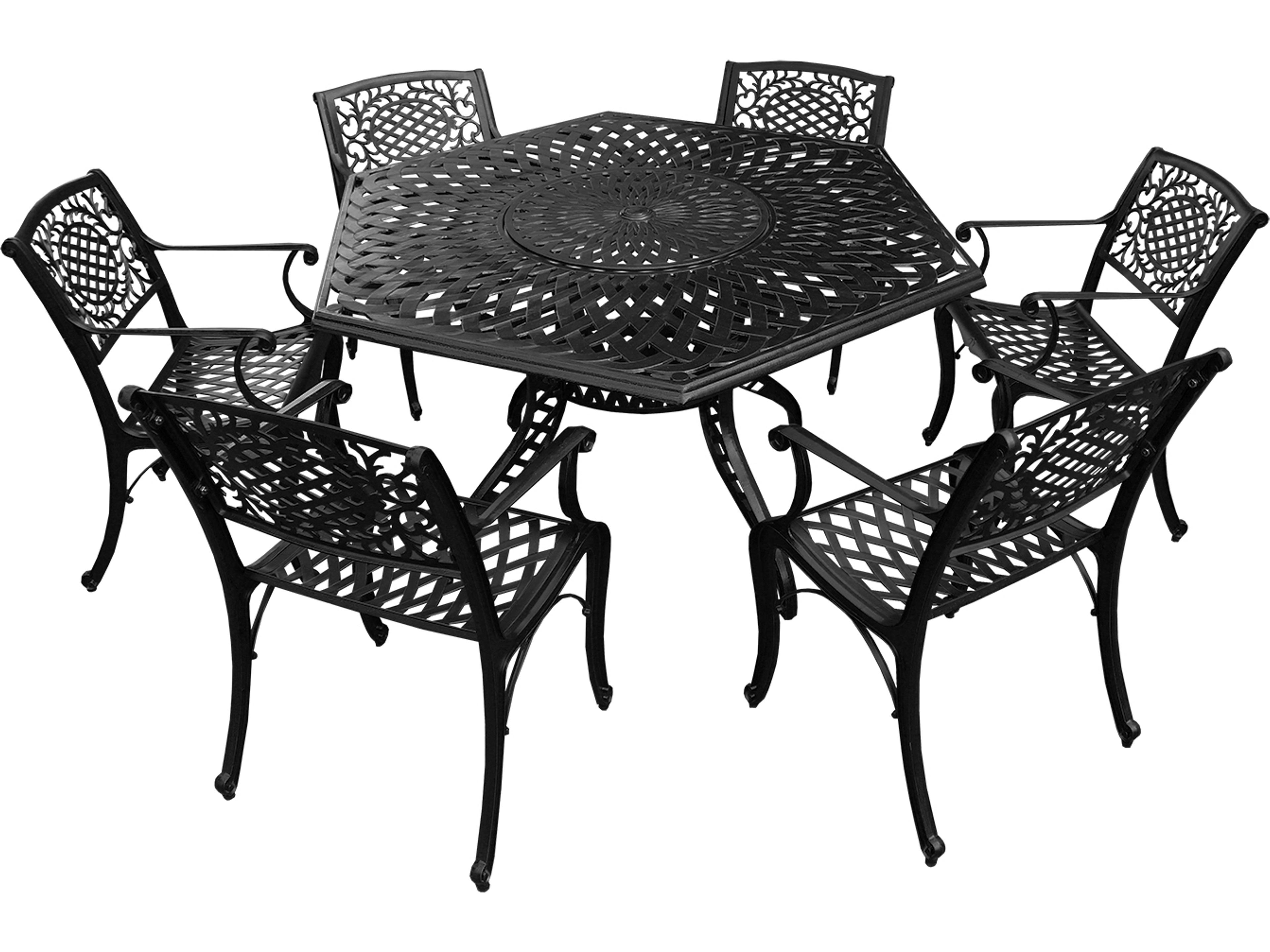 Modern Aluminum 63'' Large Black Hexagon Outdoor Patio Dining Set with Lazy Susan and Six Chairs