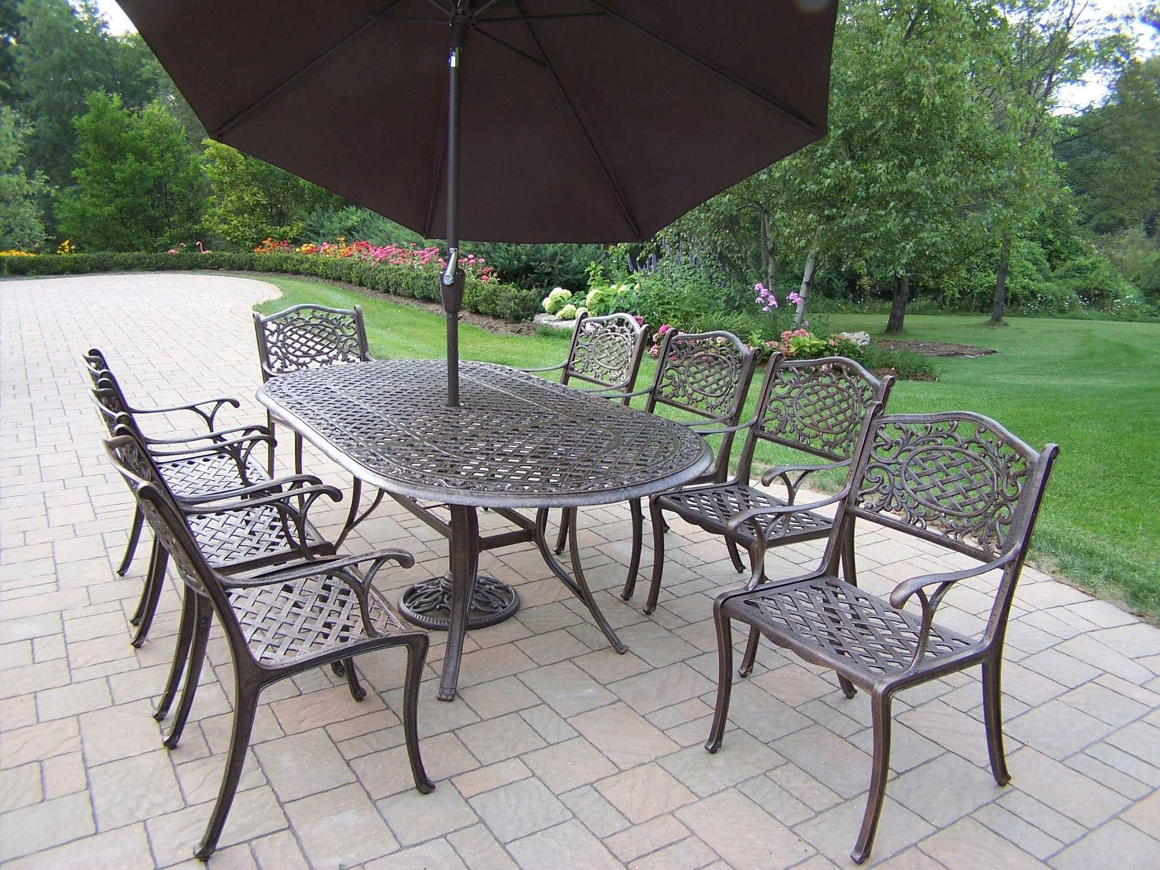Oakland Living Mississippi Casual Metal with Umbrella and Stand Cast Aluminum Outdoor Patio Dining Set