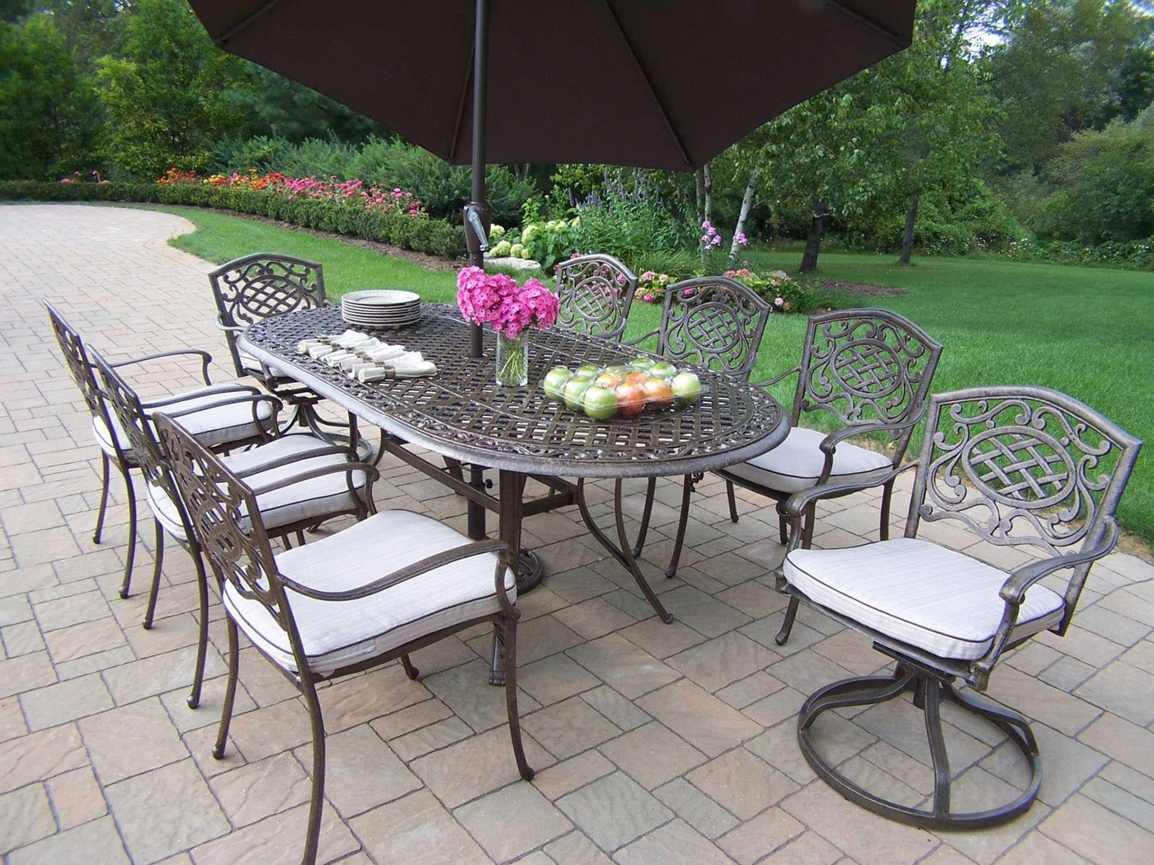 Oakland Living Mississippi Casual Cushion with Swivels and Cushions, Umbrella Stand Cast Aluminum Outdoor Dining Set