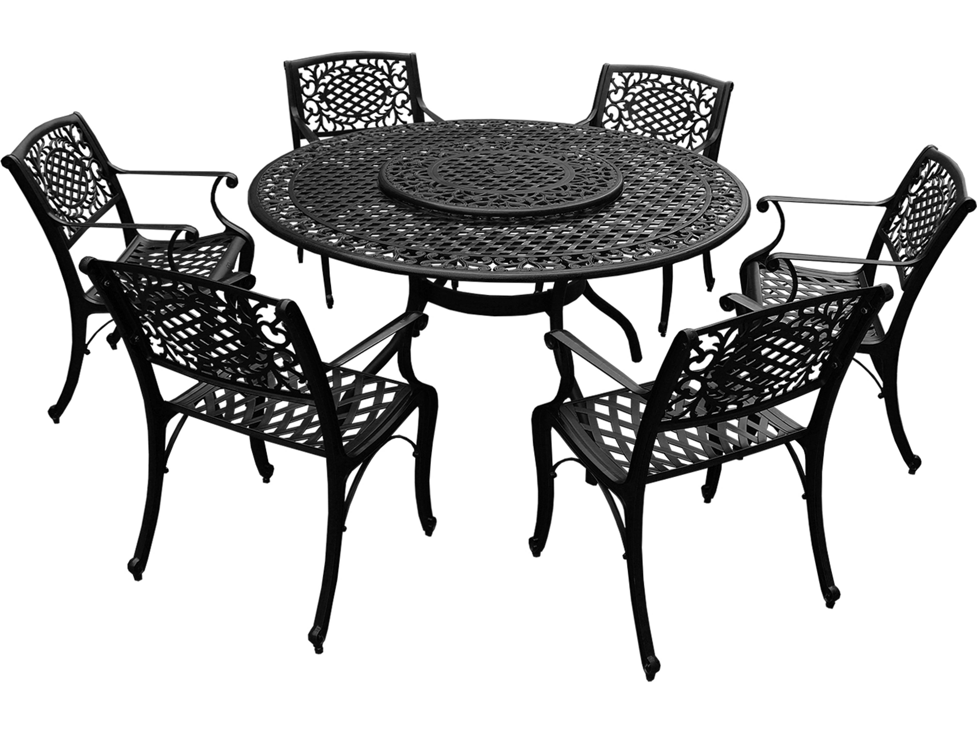 Modern Aluminum 59'' Large Black Round Patio Dining Set with Lazy Susan and Six Chairs
