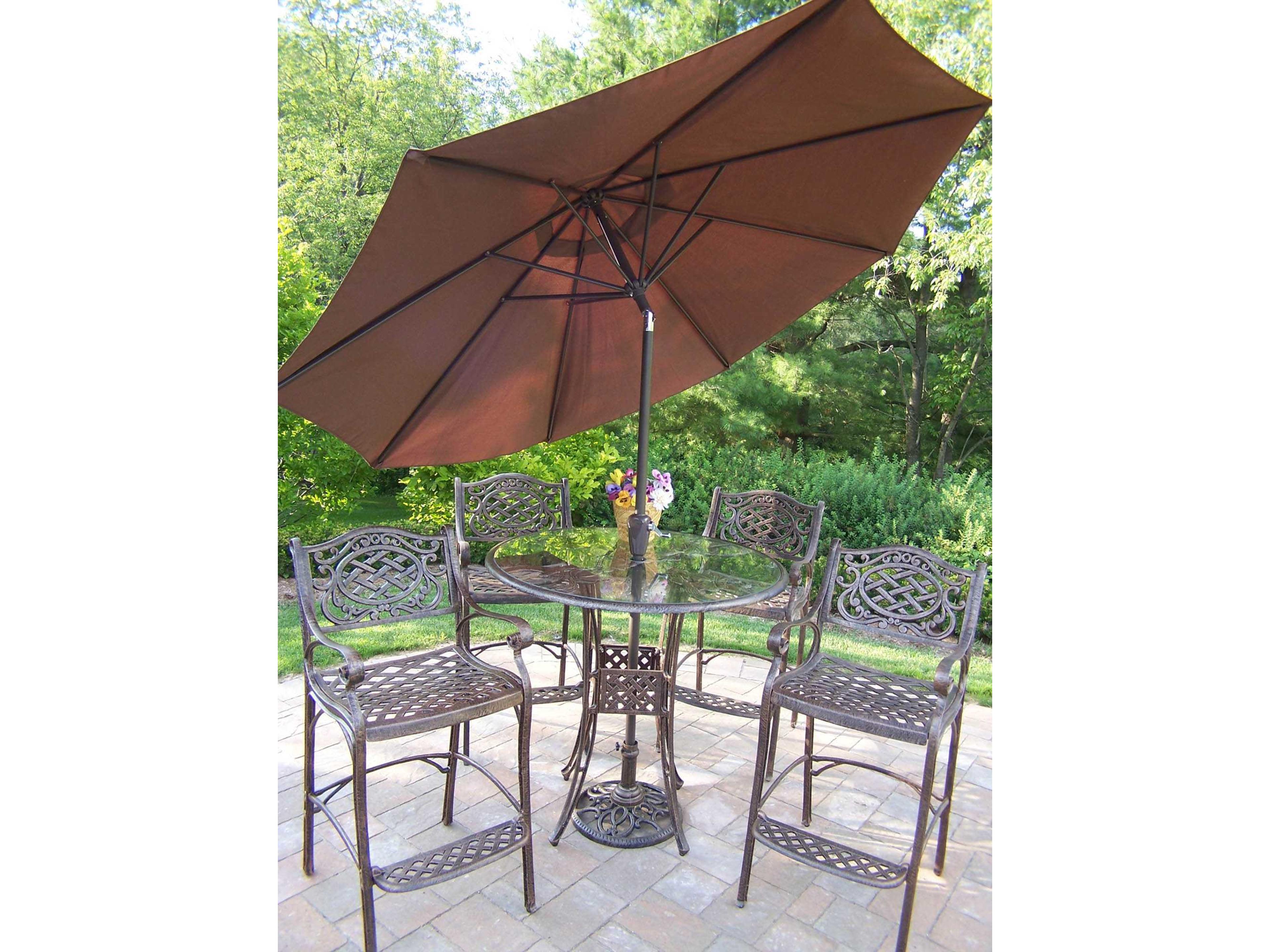 Oakland Living Hummingbird Casual Metal with Umbrella and Stand Cast Aluminum Outdoor Dining Set
