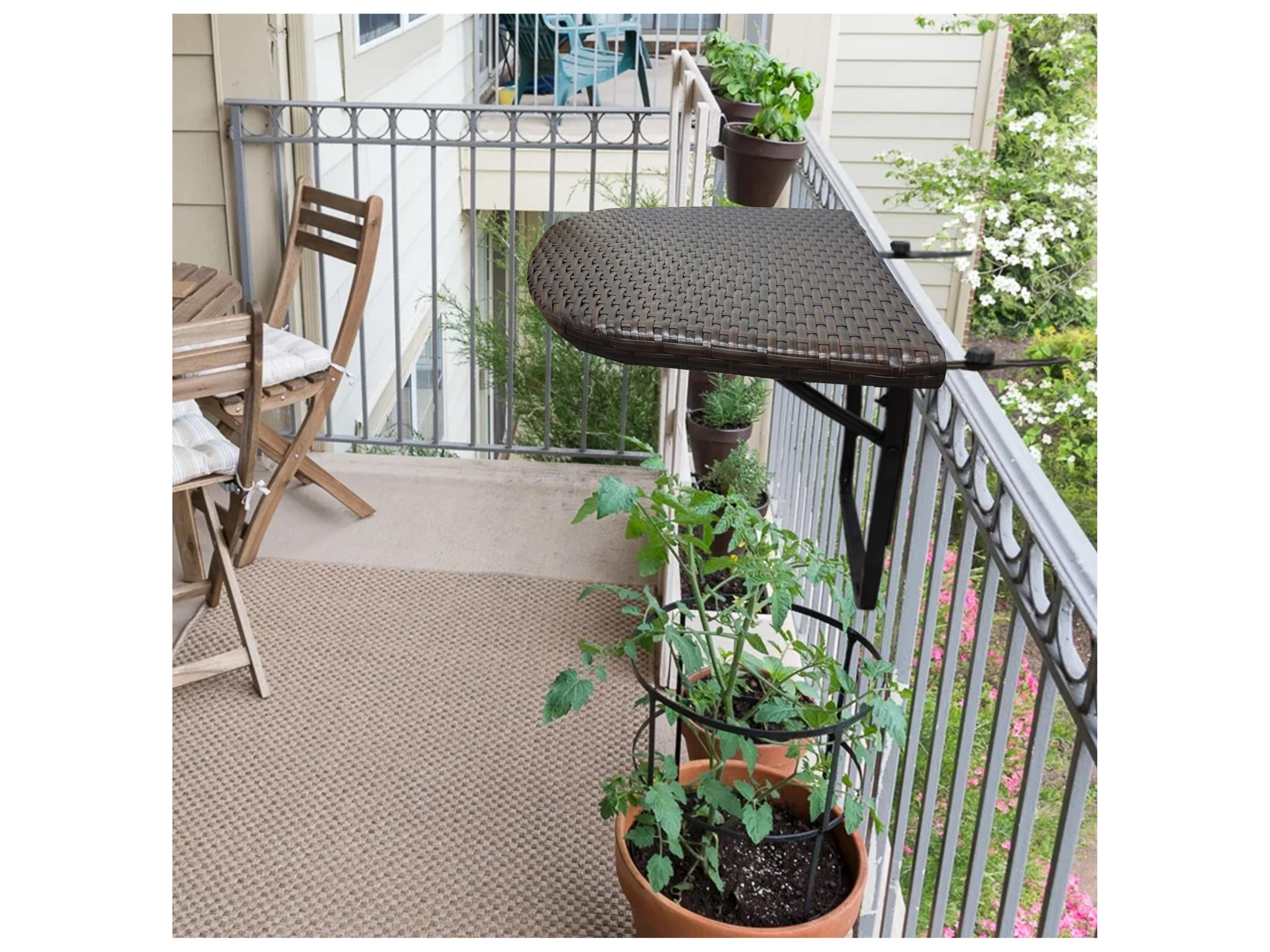 Oakland Living Brown Indoor and Foldable Wicker Balcony Table with Frame and Adjustable Clamps