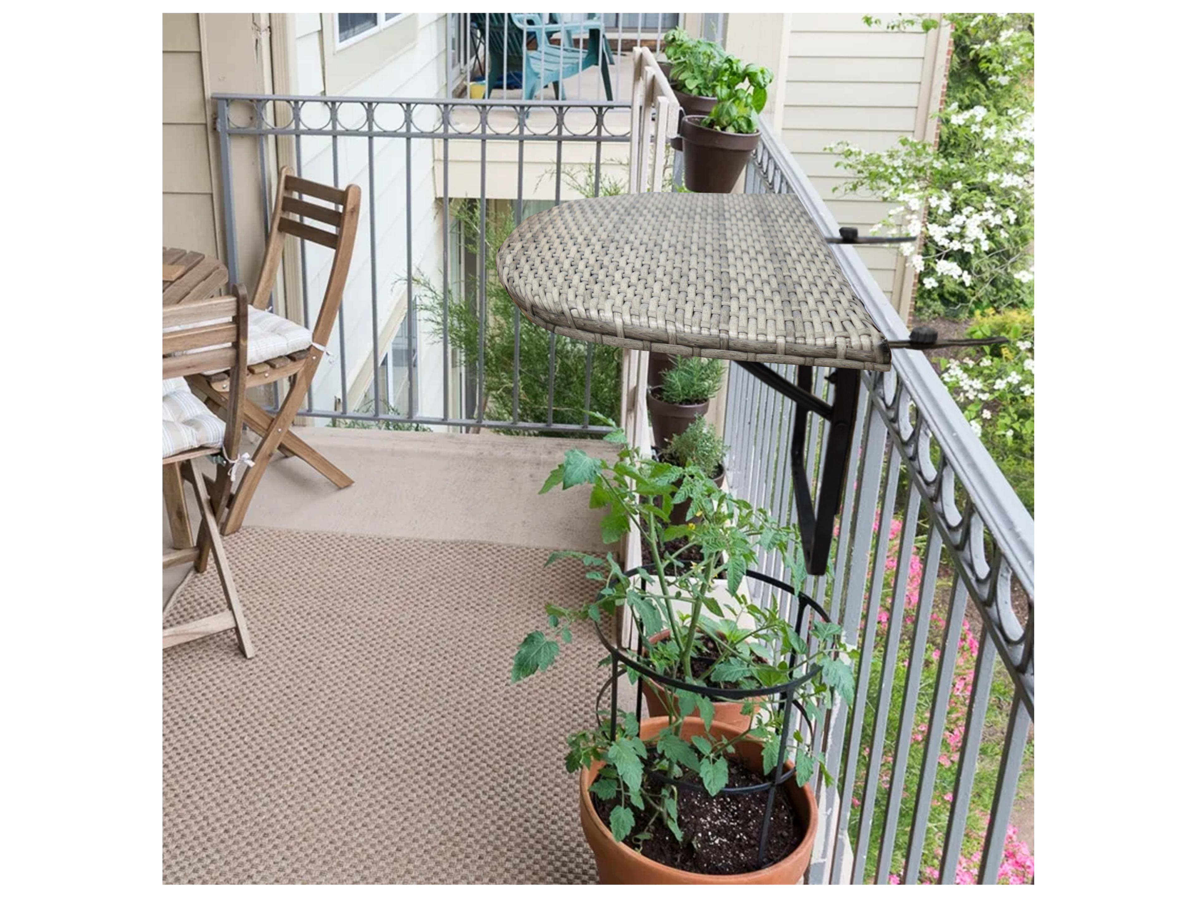 Oakland Living Grey Indoor and Foldable Wicker Balcony Table with Frame and Adjustable Clamps