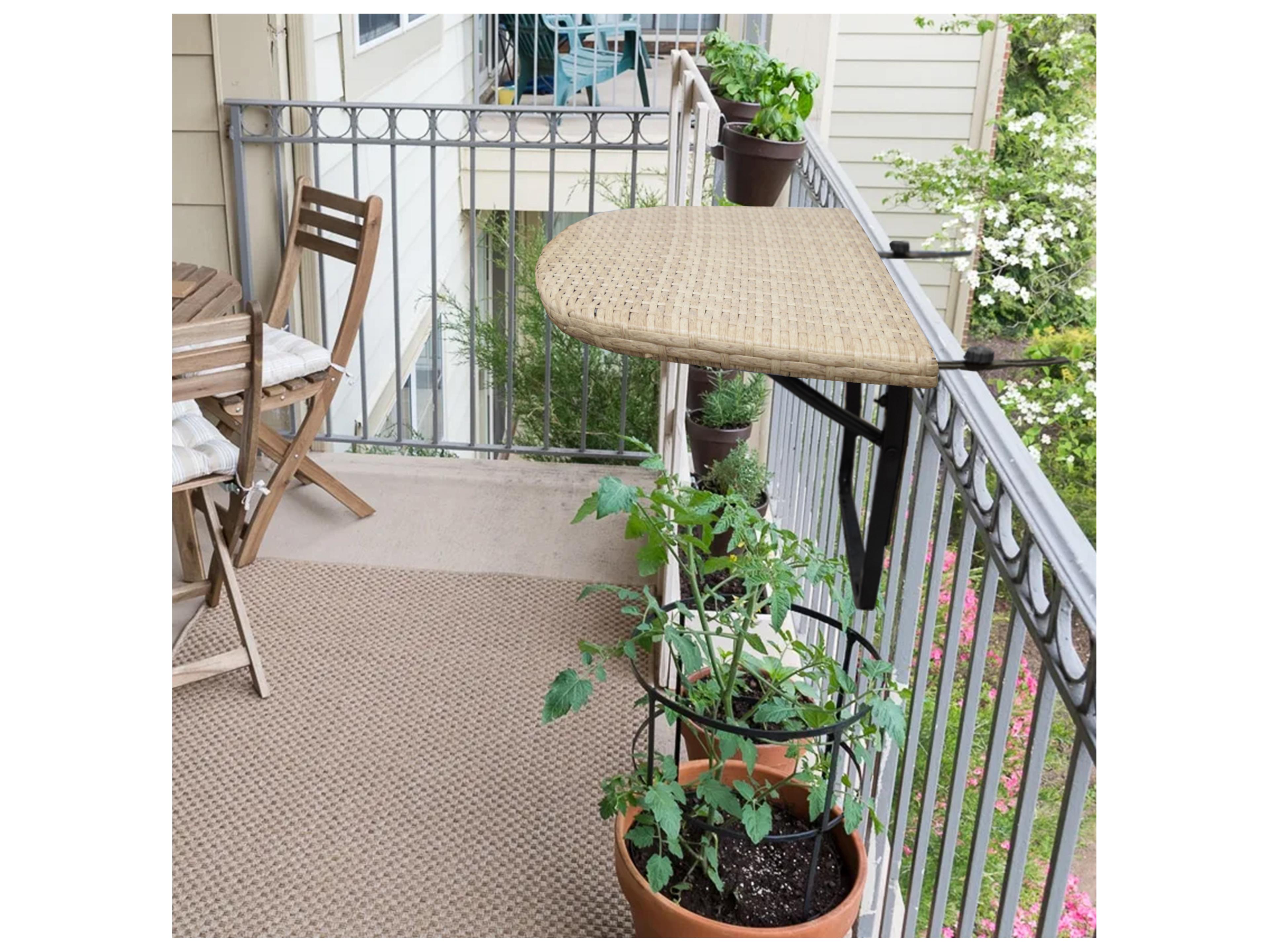 Oakland Living Tan Indoor and Foldable Wicker Balcony Table with Frame and Adjustable Clamps