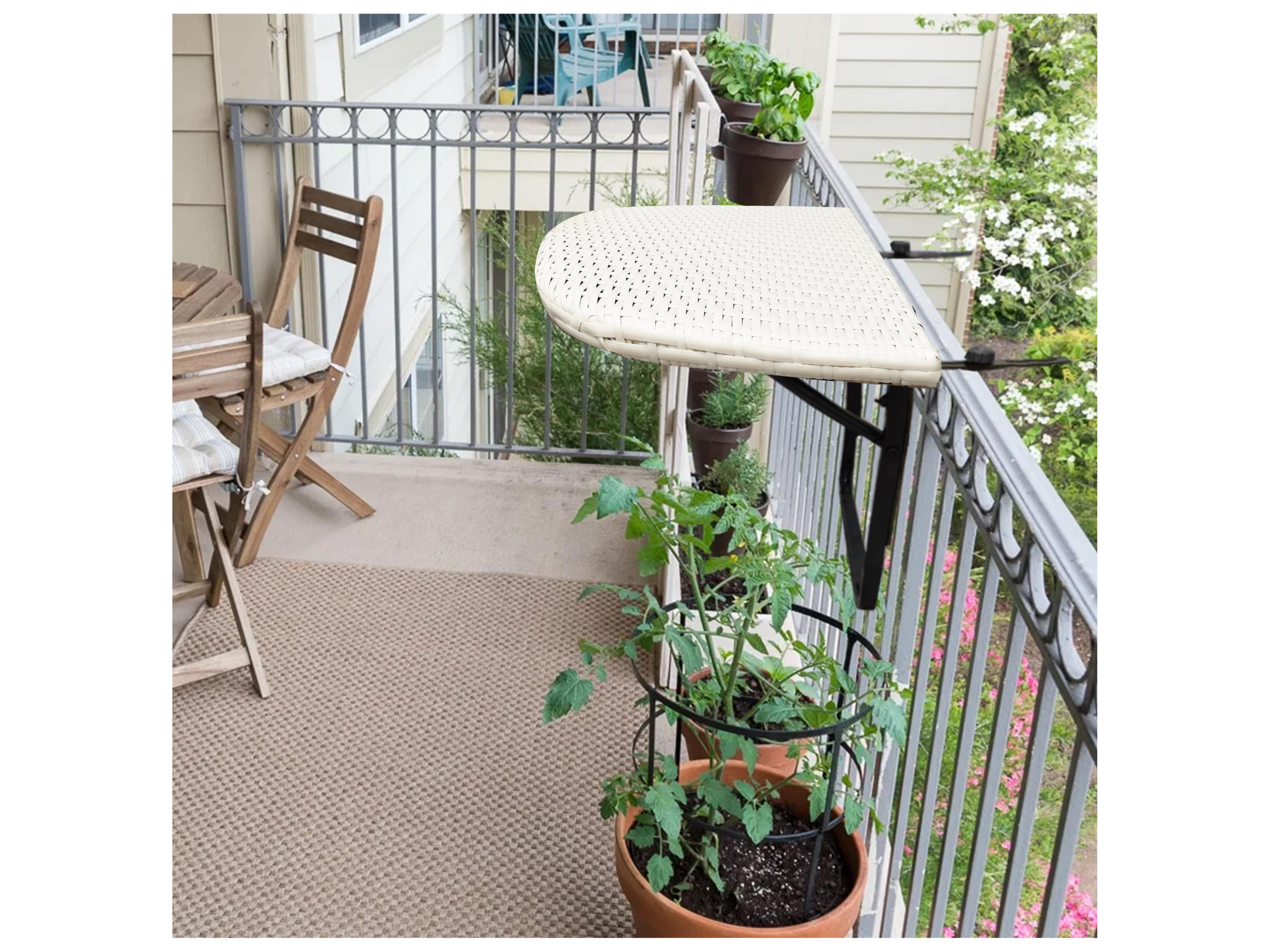 Oakland Living White Indoor and Foldable Wicker Balcony Table with Frame and Adjustable Clamps