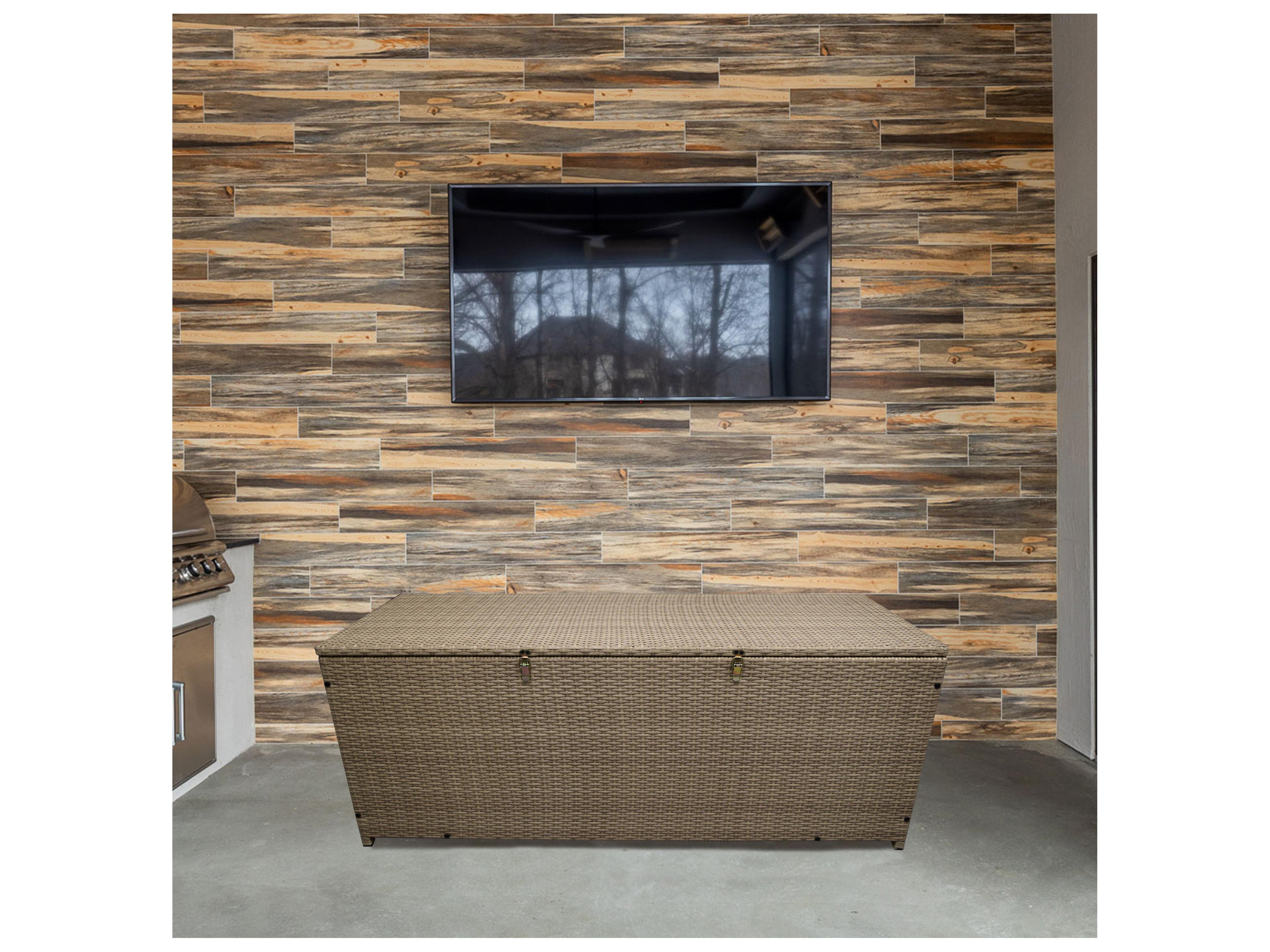Oakland Living Tan Indoor and Balcony Deck Porch Pool 113 Gallon Wicker Storage Box Trunk Bin with Frame